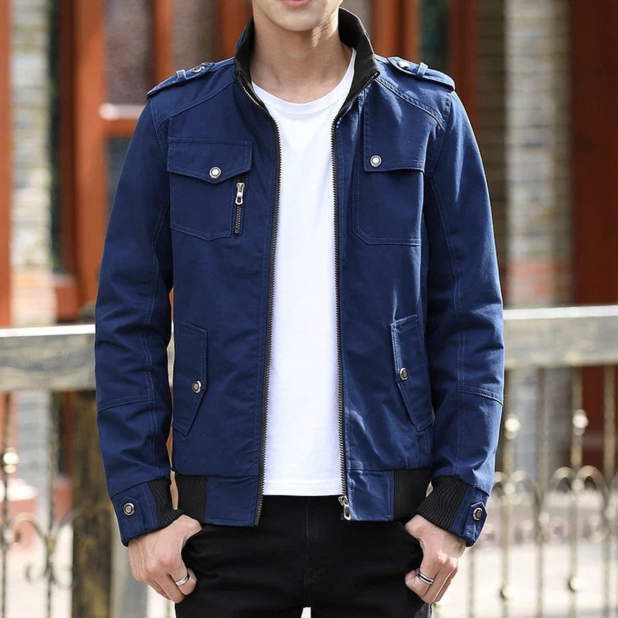 Caleb | Men's Zip Up Casual Bomber Jacket - Blue
