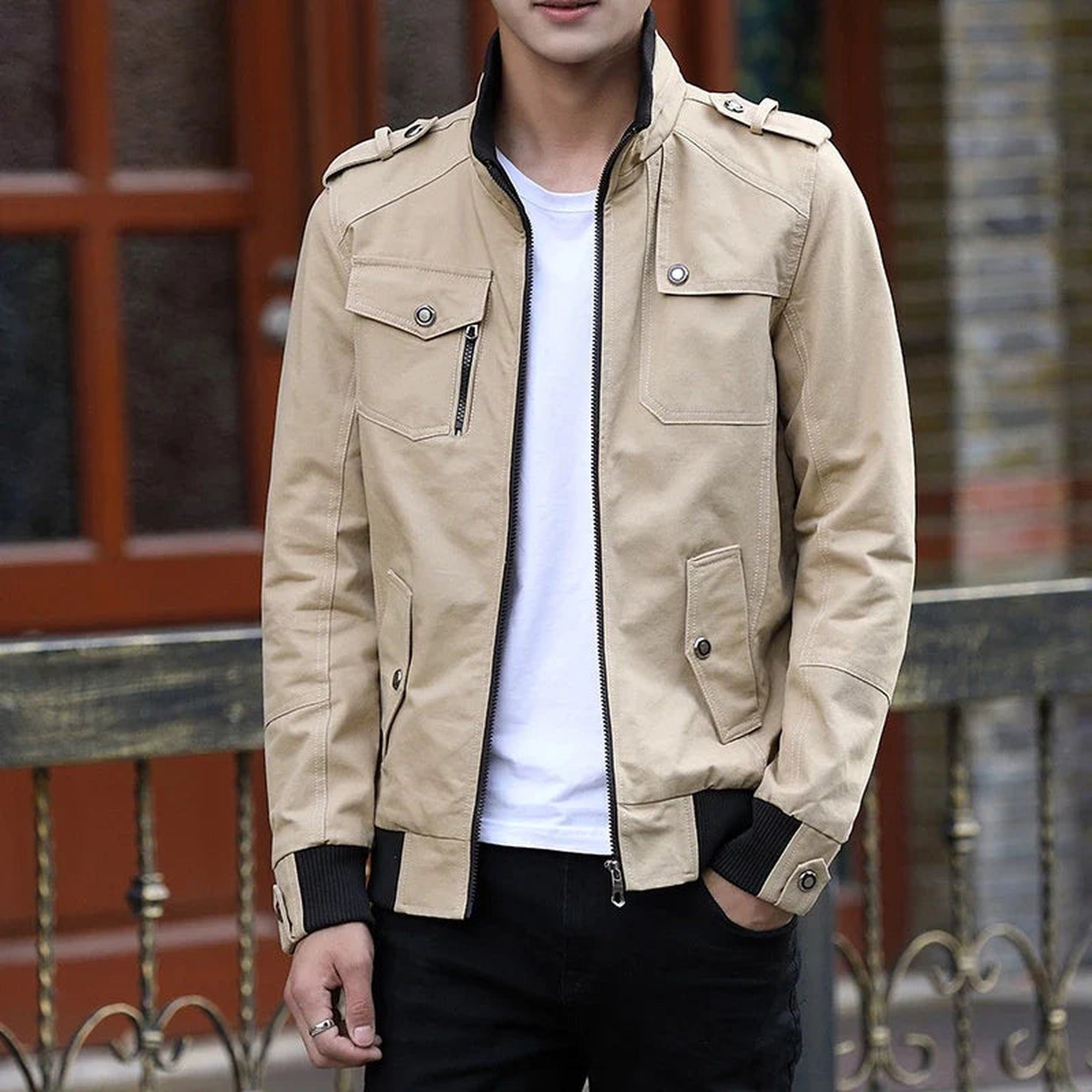 Caleb | Men's Zip Up Casual Bomber Jacket - Khaki