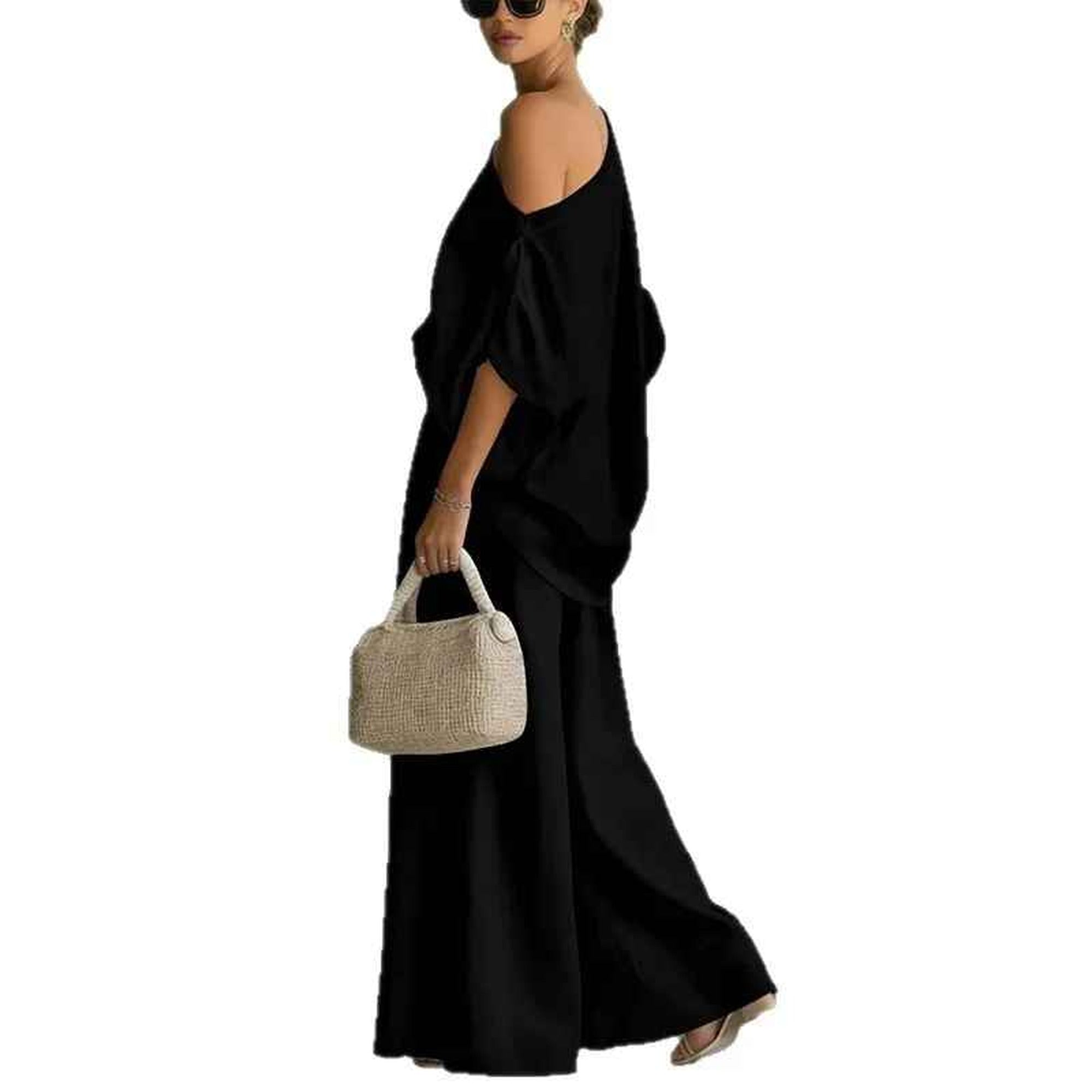 Sofia 2 | Asymmetric Drape Top and Elasticated Waist Linen Pant Set - Black