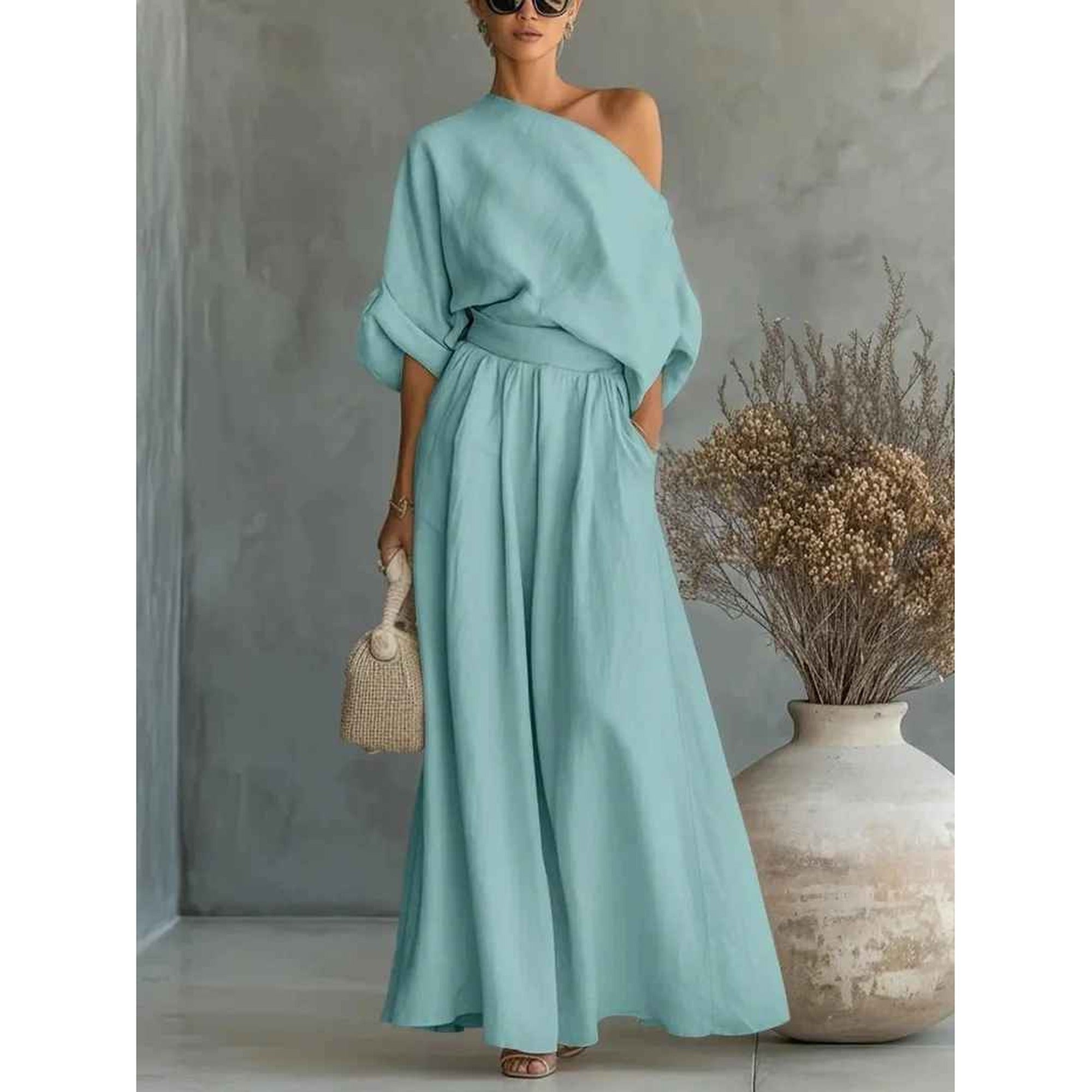Sofia 2 | Asymmetric Drape Top and Elasticated Waist Linen Pant Set - Blue