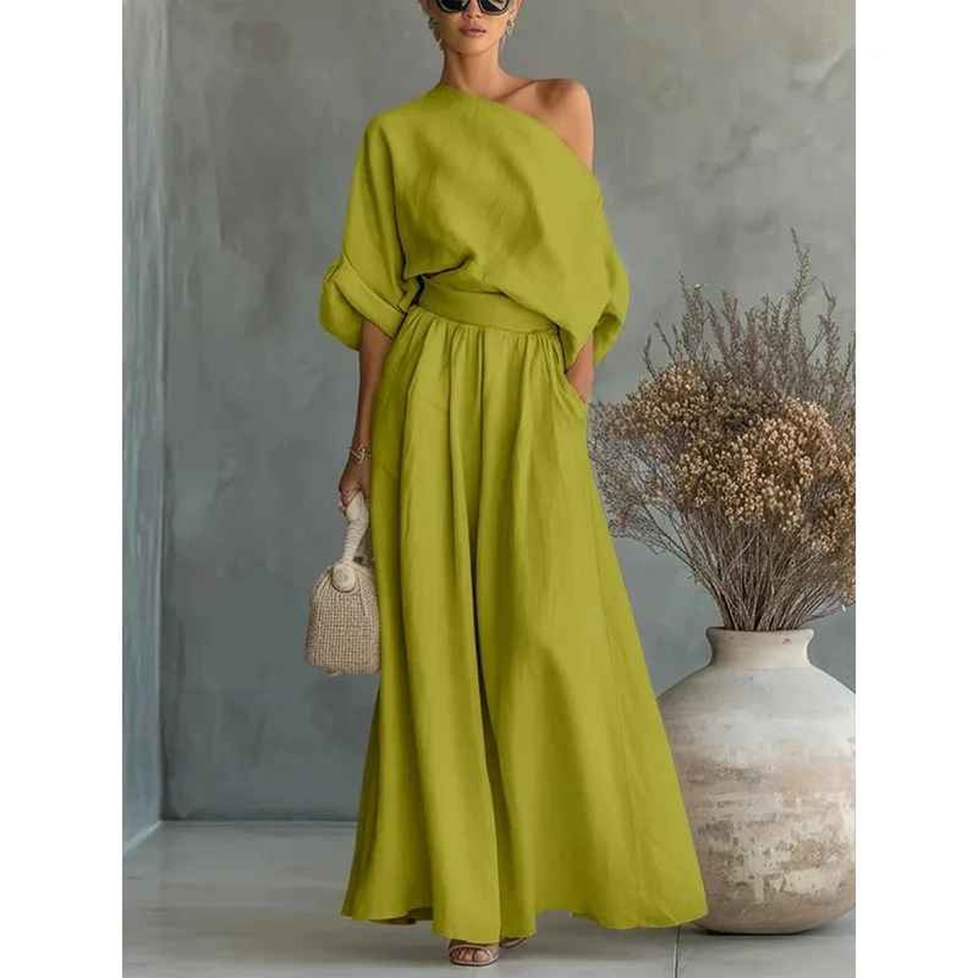 Sofia 2 | Asymmetric Drape Top and Elasticated Waist Linen Pant Set - Green