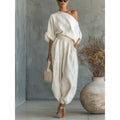 Sofia 2 | Asymmetric Drape Top and Elasticated Waist Linen Pant Set - Off-white