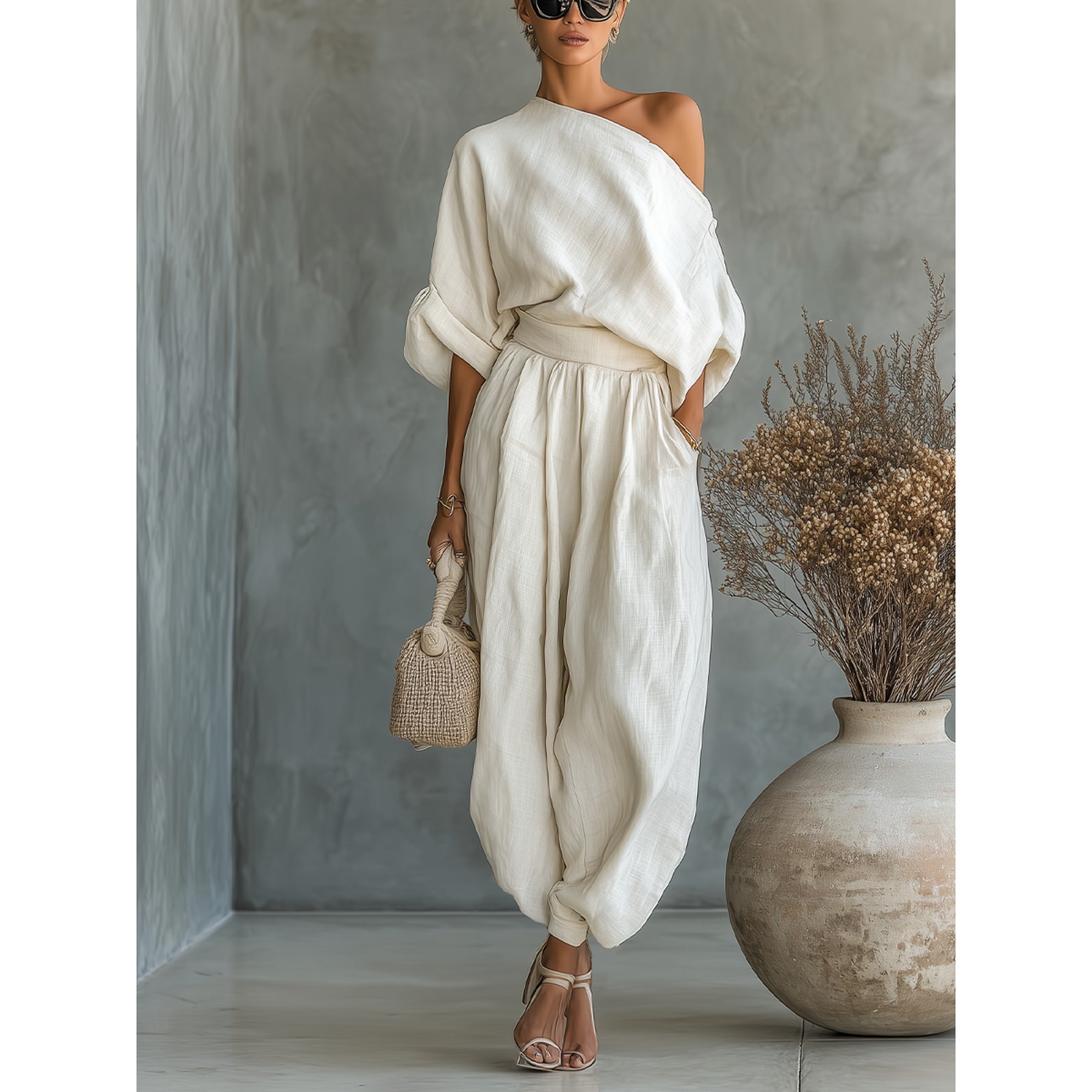 Sofia 2 | Asymmetric Drape Top and Elasticated Waist Linen Pant Set - Off-white