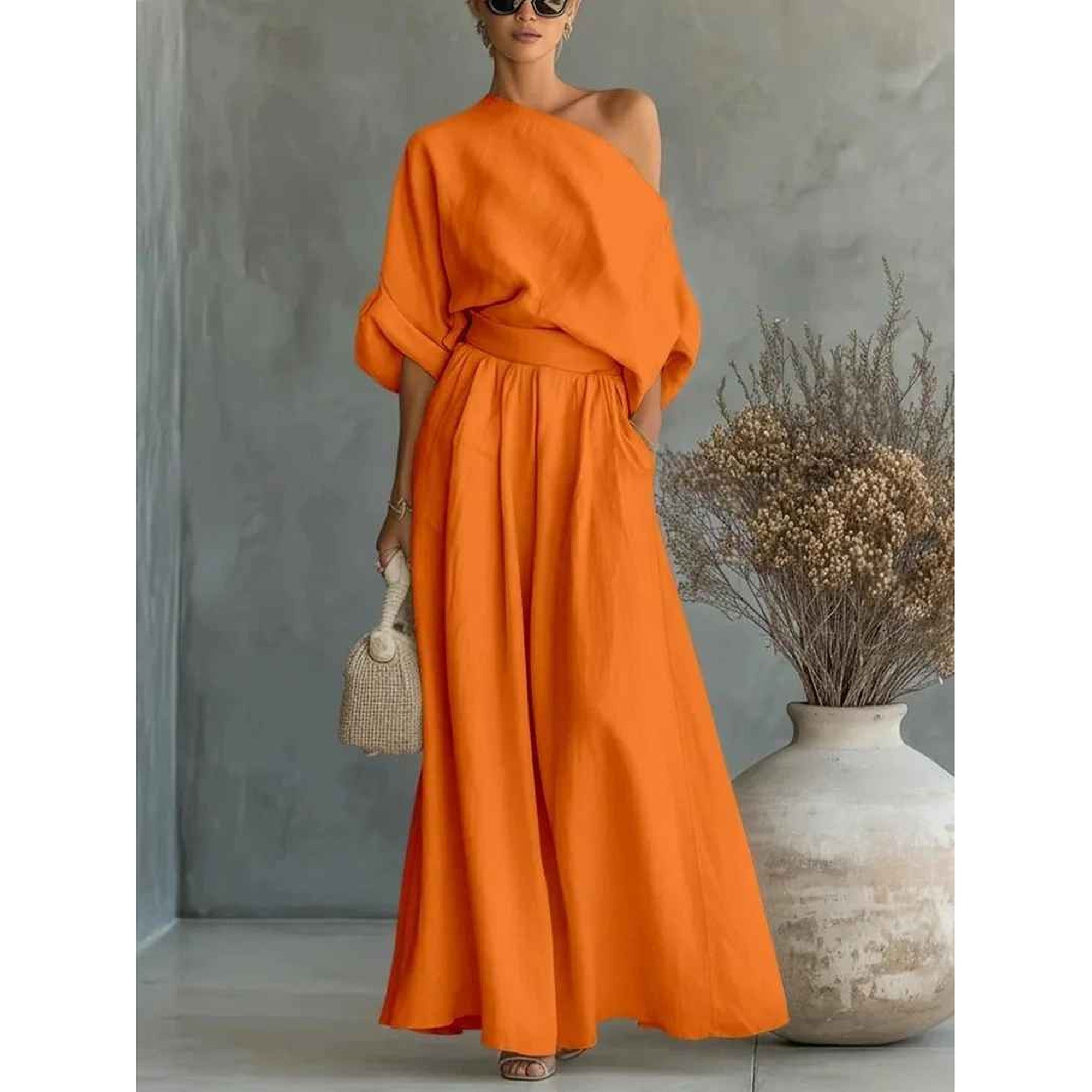Sofia 2 | Asymmetric Drape Top and Elasticated Waist Linen Pant Set - Orange
