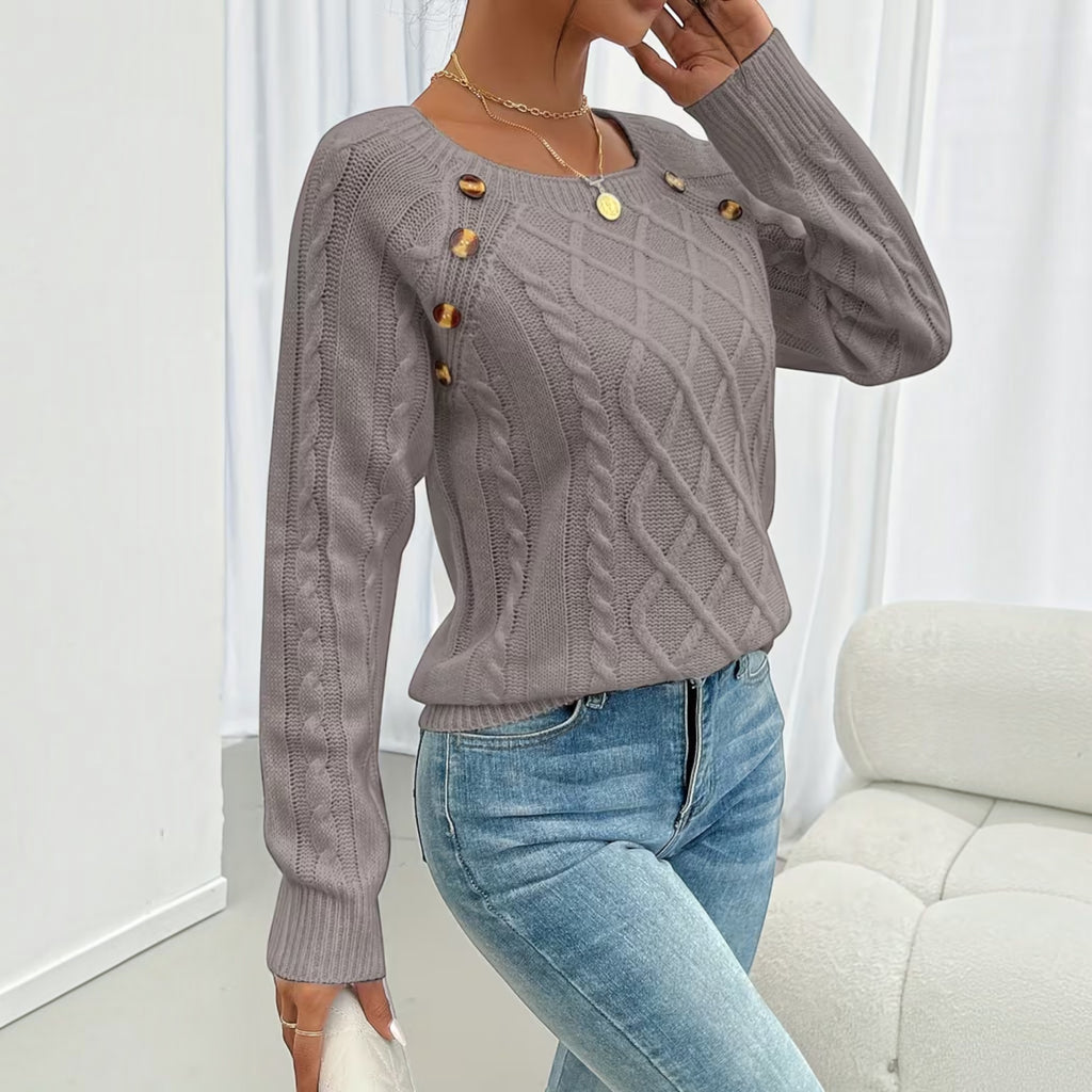Ellmont London | Women's Soft Knit Sweater Pullover with Button Detail