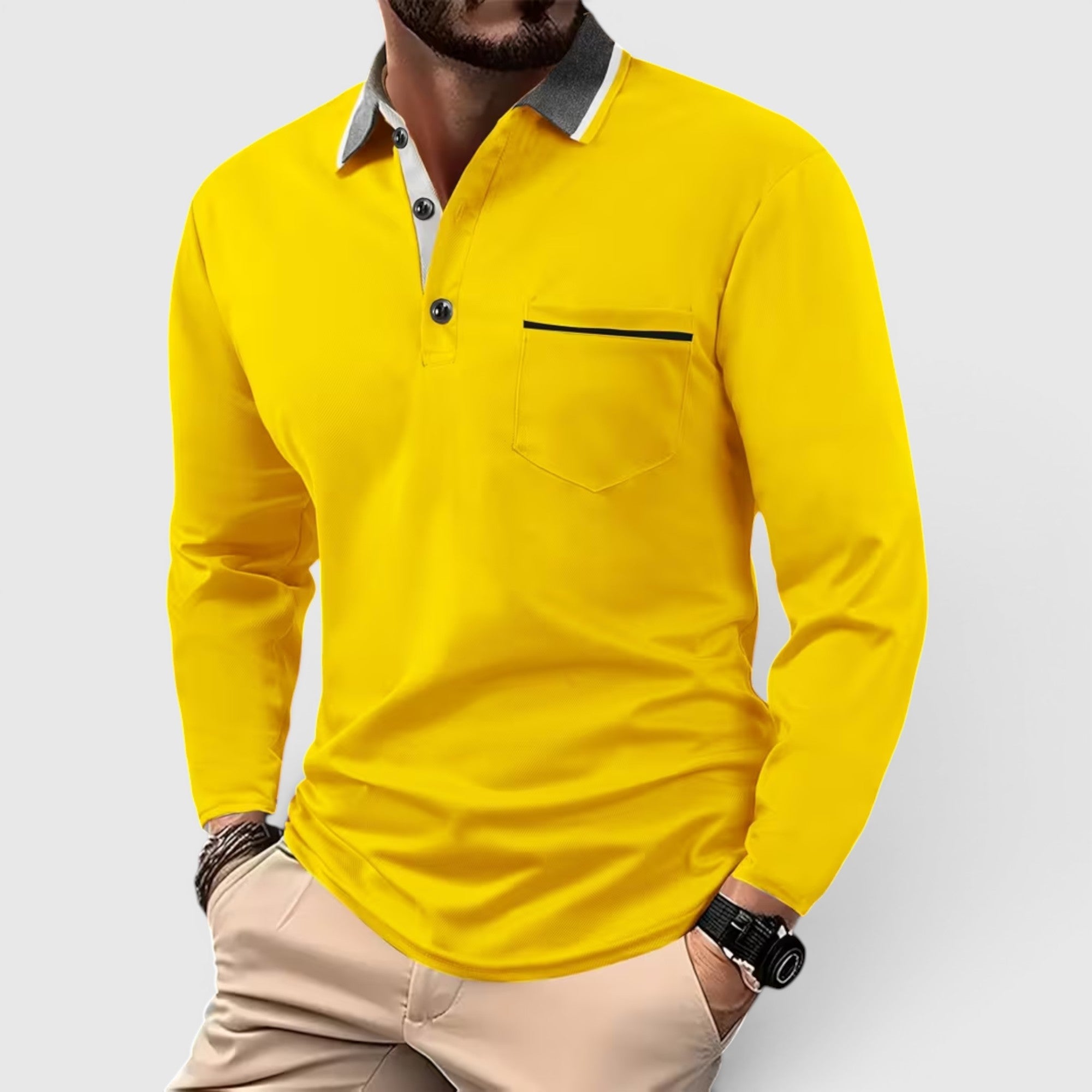 Edmund | Men's Long Sleeve Polo Shirt Contrast Collar Regular Fit Button Up