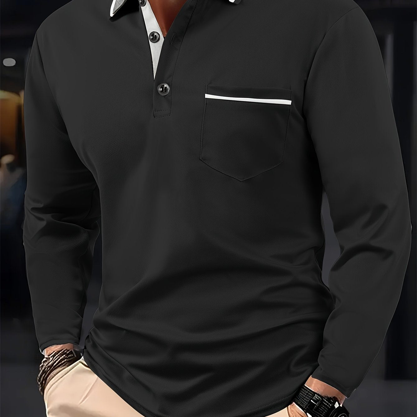 Men's Fashionable Contrast-color Lapel Design Versatile Casual Long-sleeve Shirt, Suitable for Daily Outings and Sports Wear in Spring and Autumn