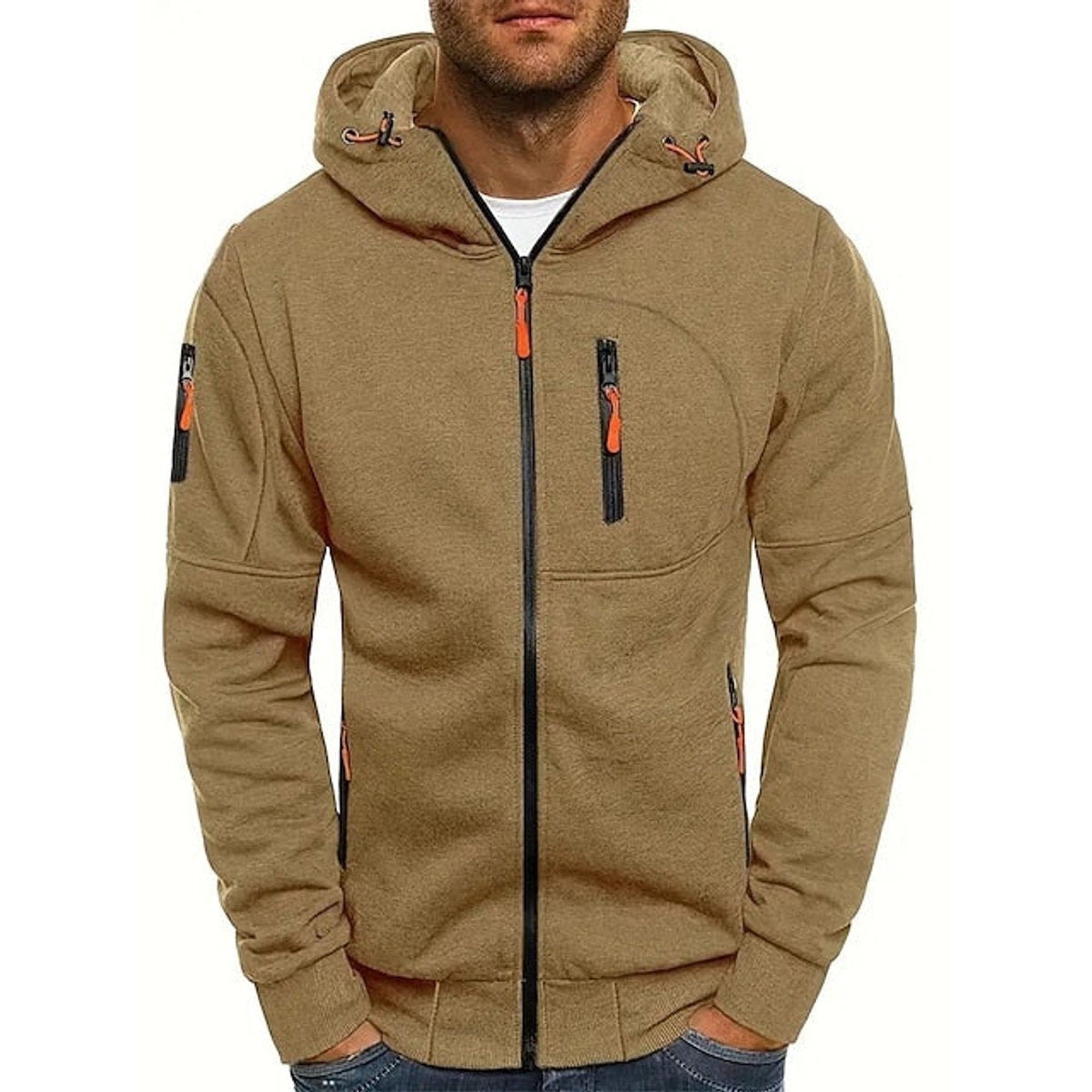 Isaac | Men's Zip-Up Hooded Knit Sweater Fleece Pullover Hoodie - Khaki