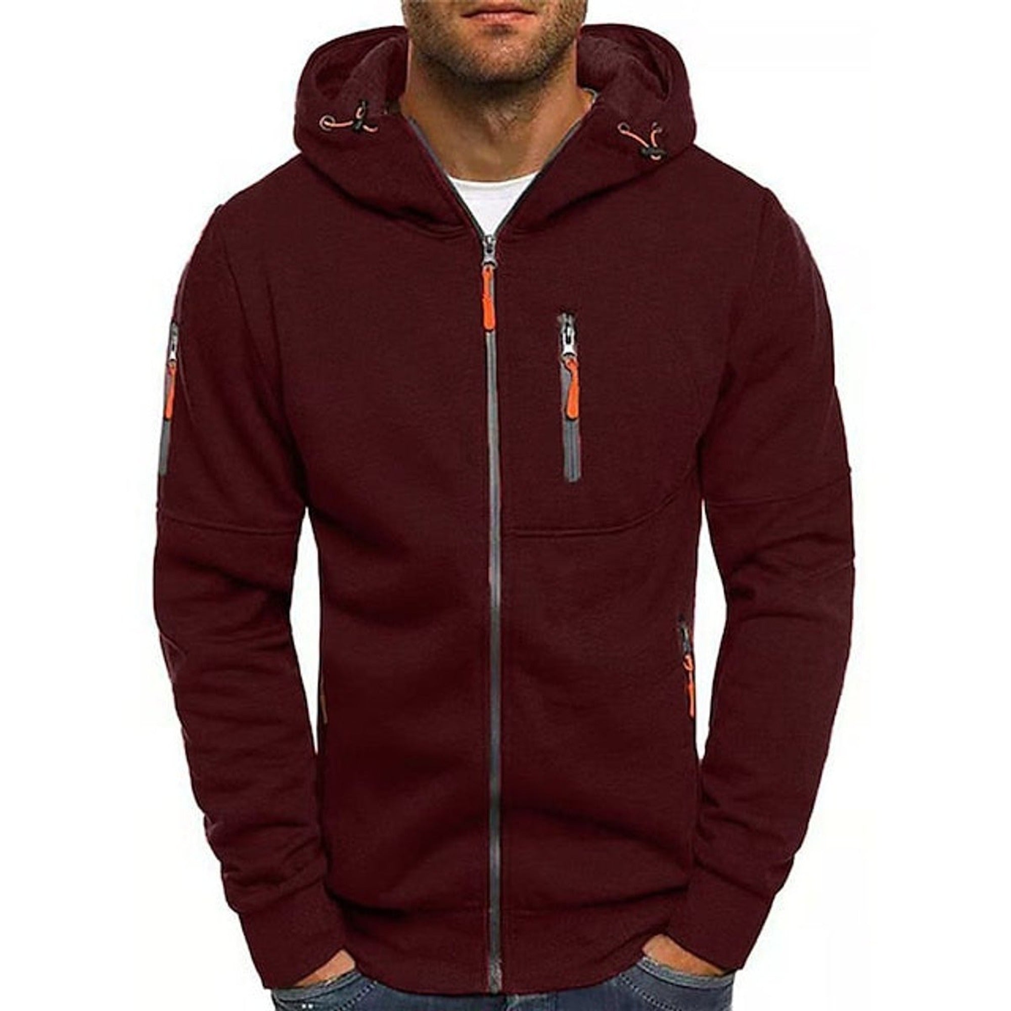 Isaac | Men's Zip-Up Hooded Knit Sweater Fleece Pullover Hoodie - Wine
