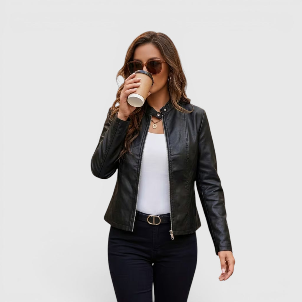 Ellmont London | Leather Jacket Women's Full Zip Stand Collar Casual Outerwear