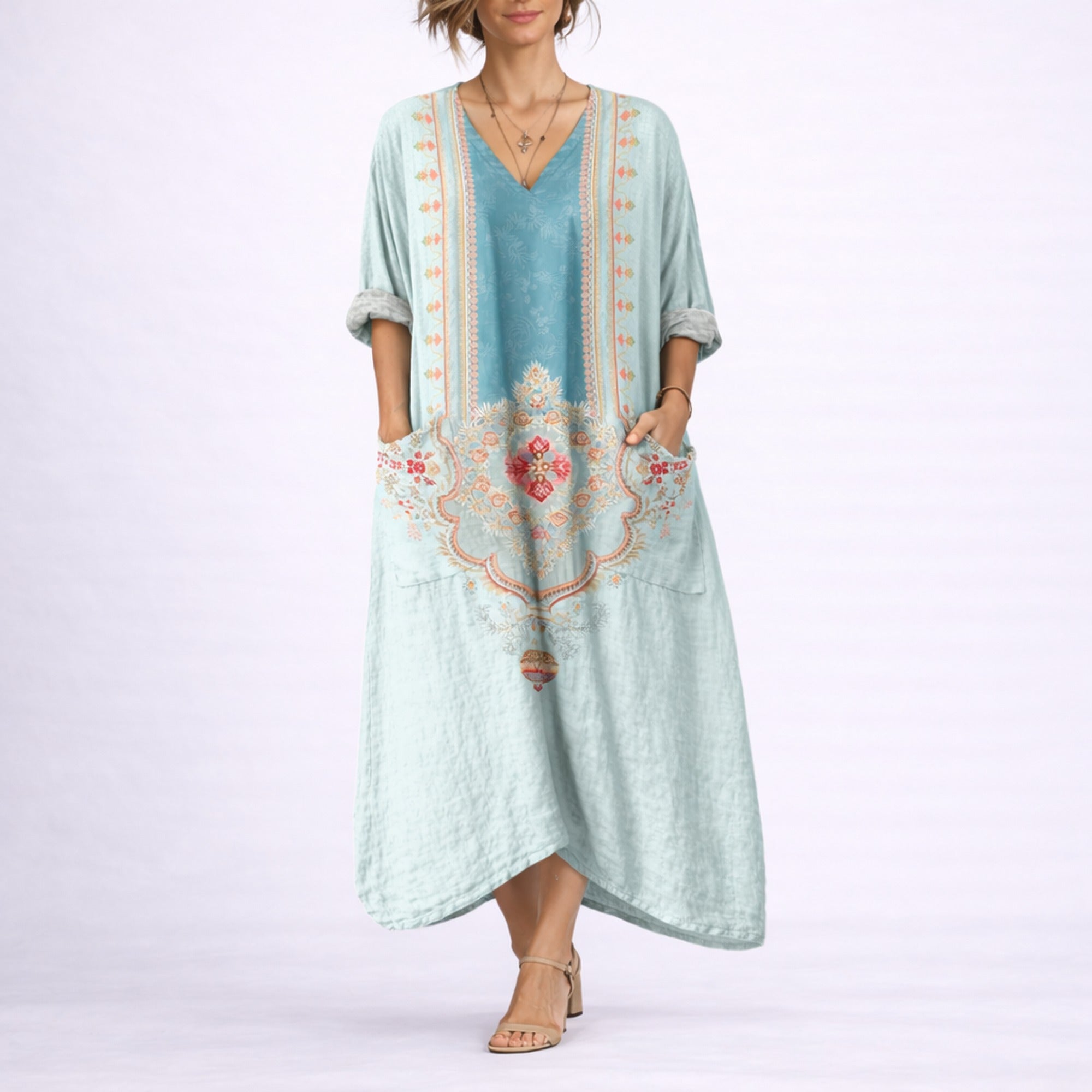 Ivy | Bohemian Kaftan Dress - Green & Blue