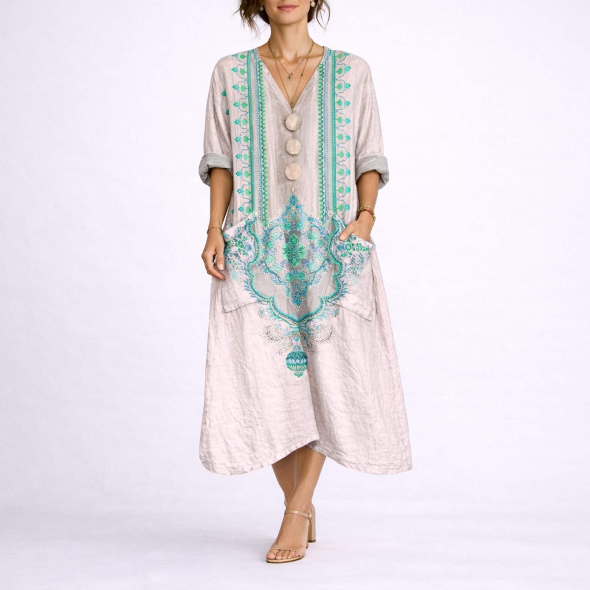 Ivy | Bohemian Kaftan Dress - Pink & Green