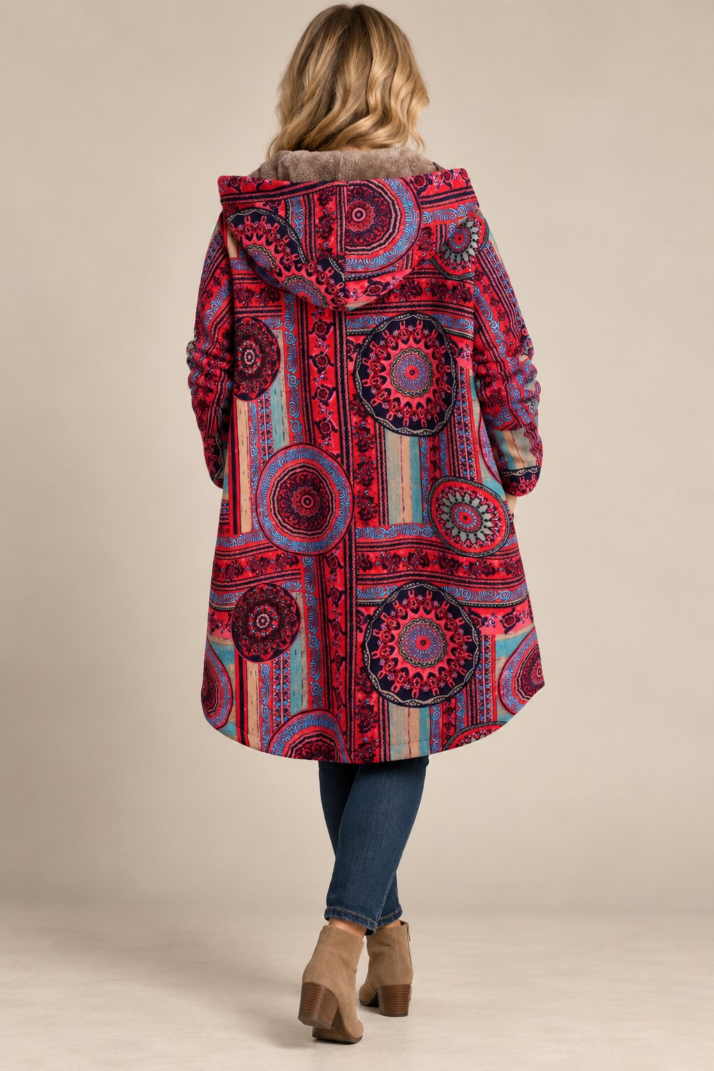 Coral | Bohemian Winter Coat with Floral Print & Faux Fur Lining