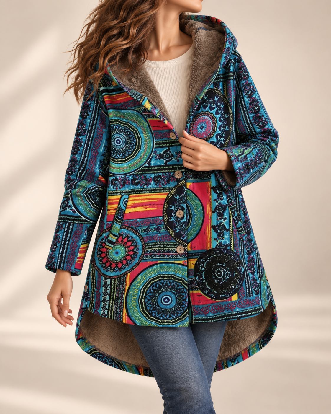 Coral | Bohemian Winter Coat with Floral Print & Faux Fur Lining