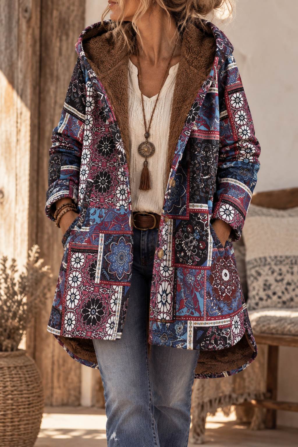 Coral | Bohemian Winter Coat with Floral Print & Faux Fur Lining