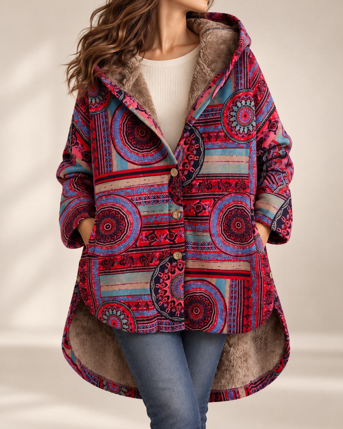 Coral | Bohemian Winter Coat with Floral Print & Faux Fur Lining
