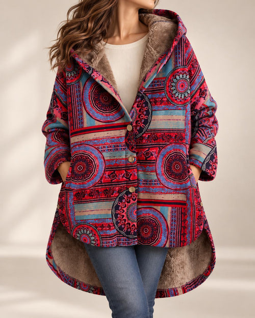 Coral | Bohemian Winter Coat with Floral Print & Faux Fur Lining