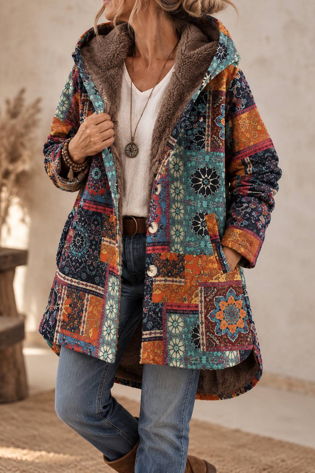 Coral | Bohemian Winter Coat with Floral Print & Faux Fur Lining