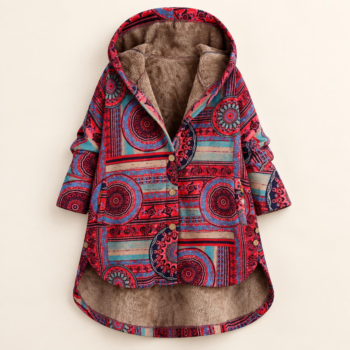 Coral | Bohemian Winter Coat with Floral Print & Faux Fur Lining
