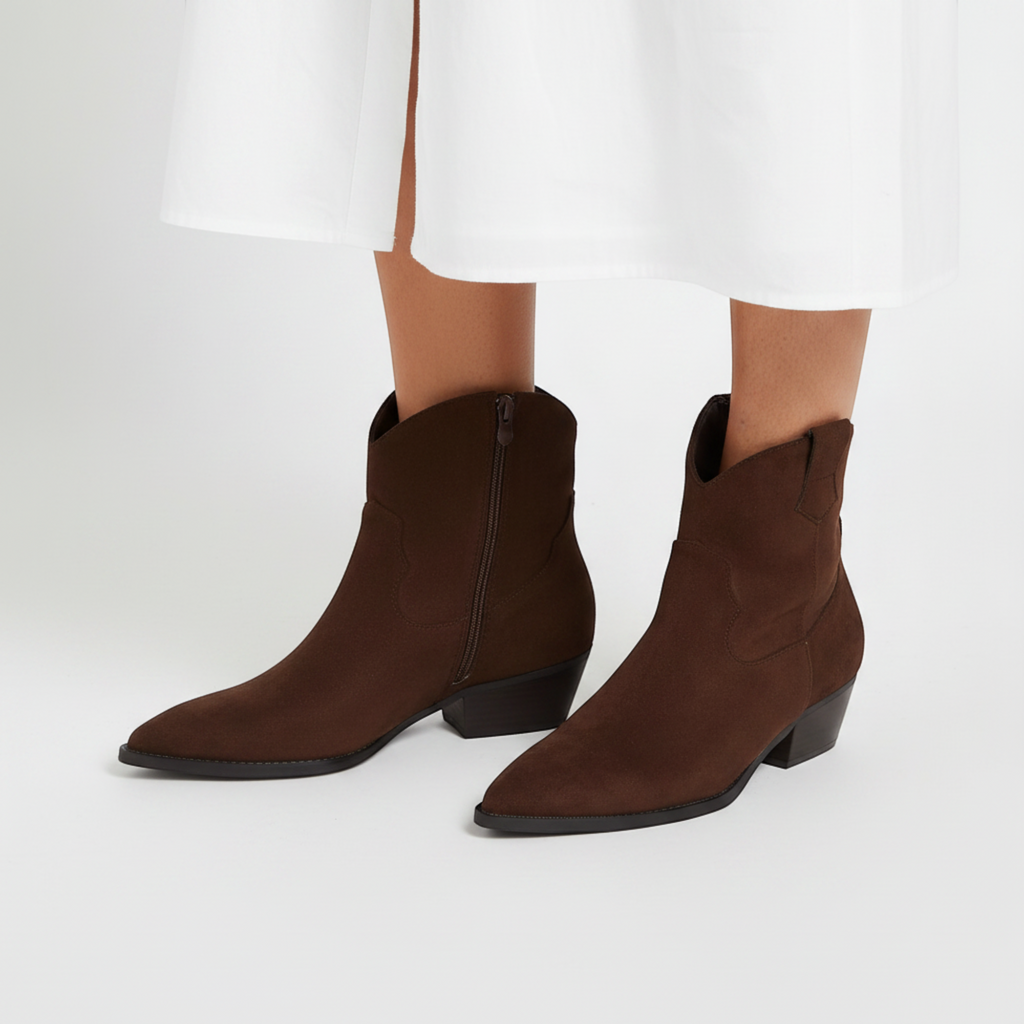 Yasmin | Women's Faux Suede Western Ankle Boots Low Heel Zip Closure