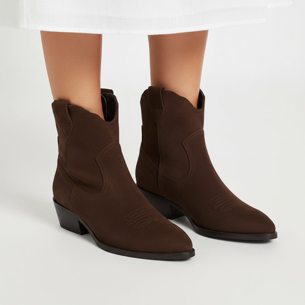 Yasmin | Women's Faux Suede Western Ankle Boots Low Heel Zip Closure