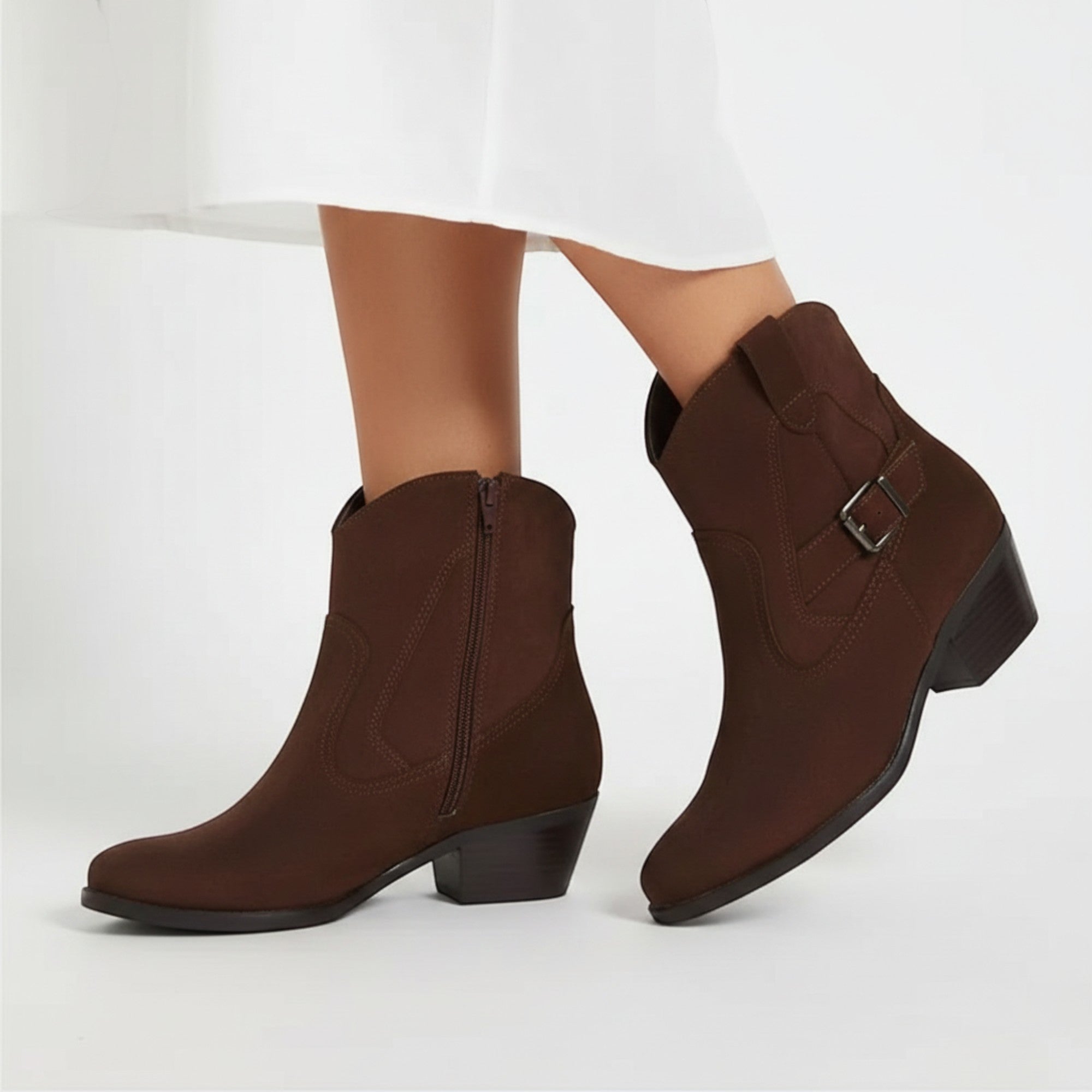 Yasmin | Women's Faux Suede Western Ankle Boots Low Heel Zip Closure
