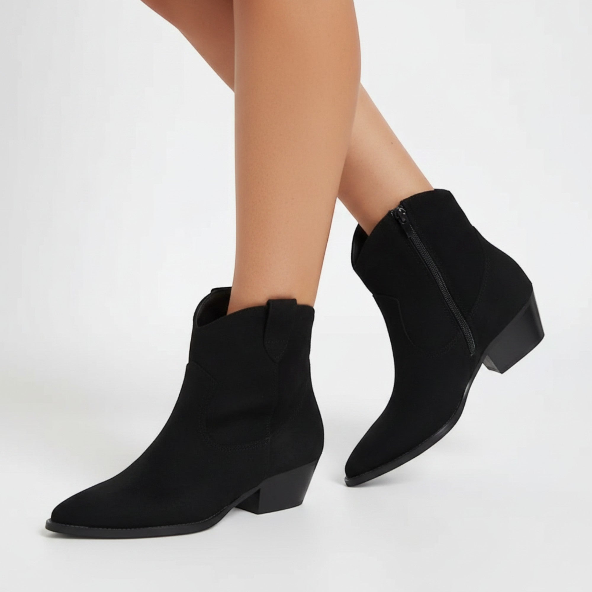 Yasmin | Women's Faux Suede Western Ankle Boots Low Heel Zip Closure