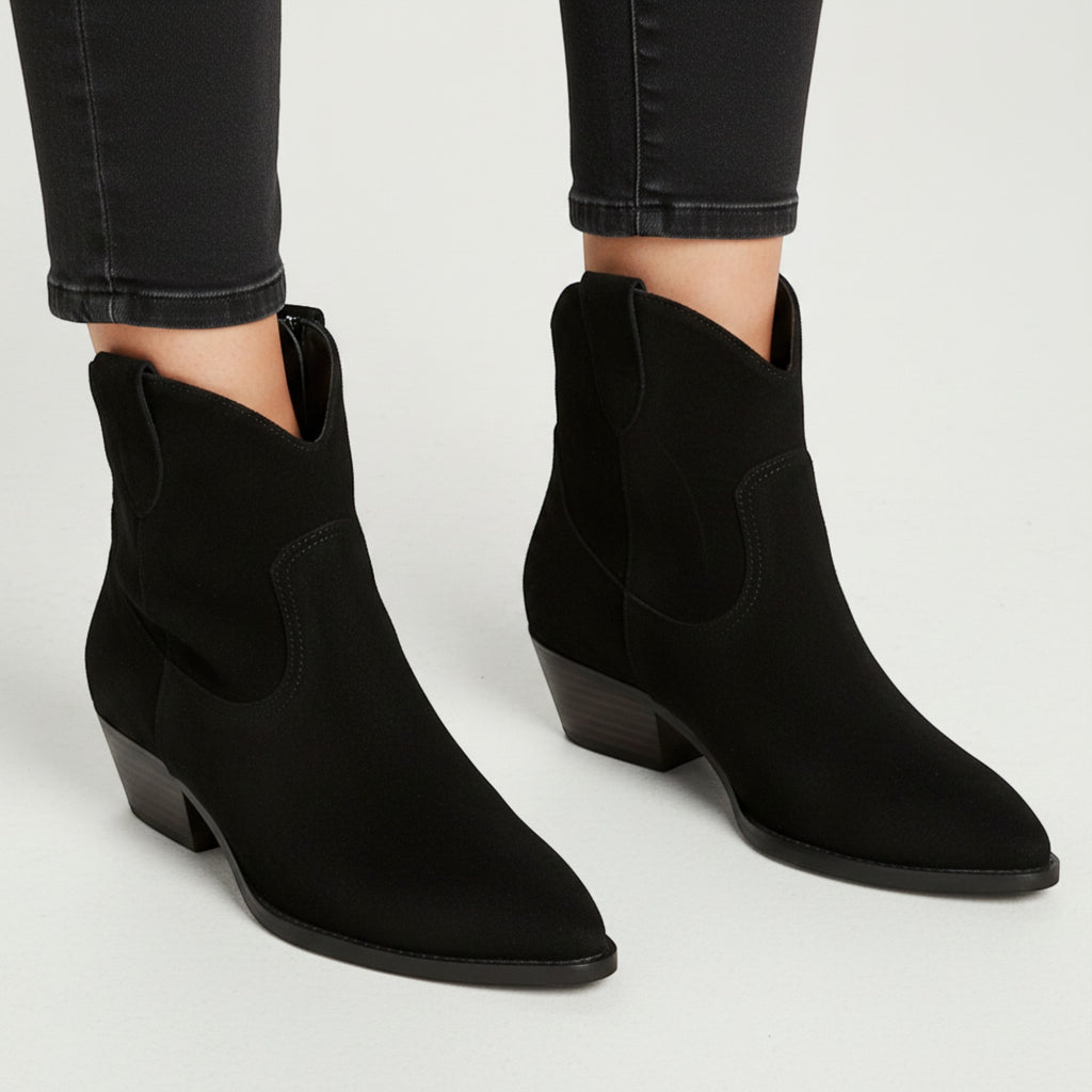 Yasmin | Women's Faux Suede Western Ankle Boots Low Heel Zip Closure