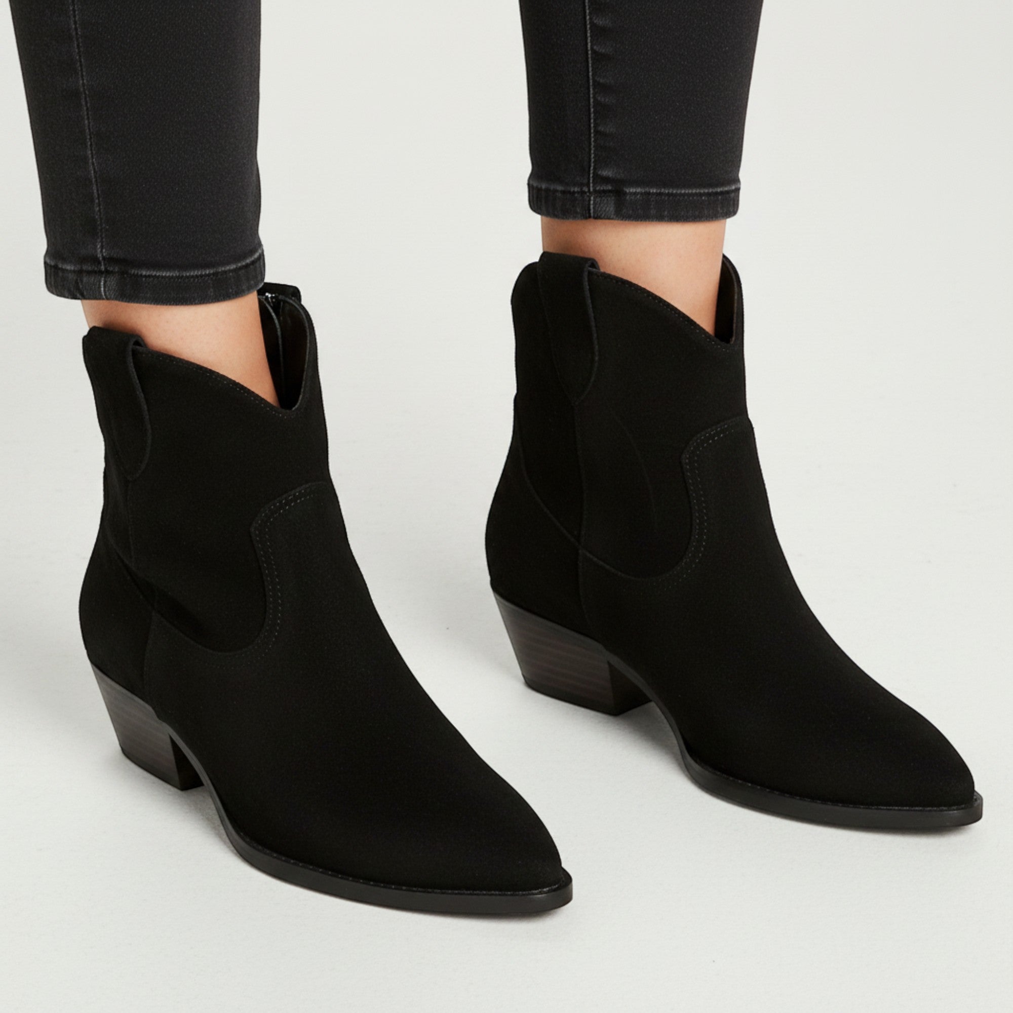 Yasmin | Women's Faux Suede Western Ankle Boots Low Heel Zip Closure