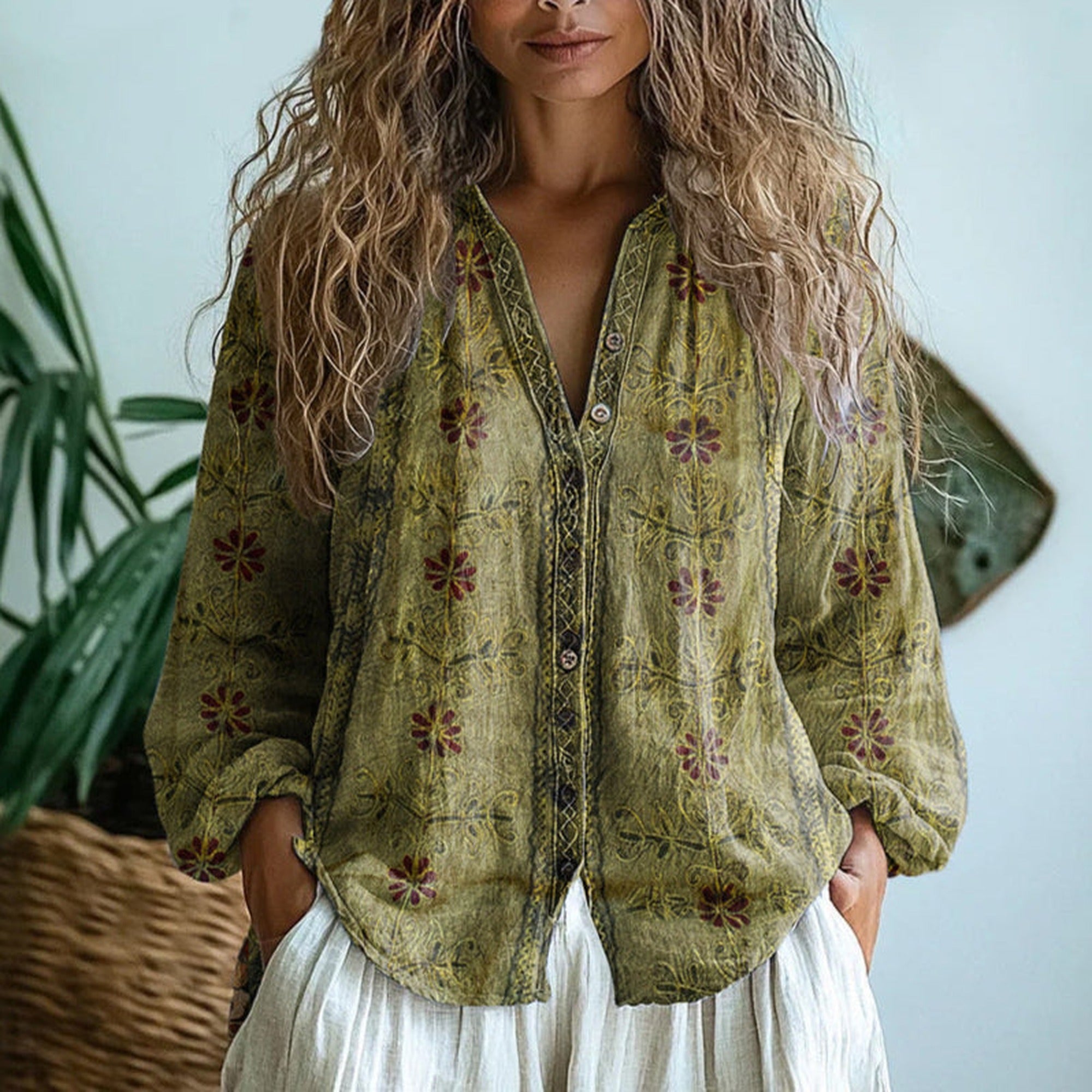 Sofia | Elegant Vintage Leaf Print Shirt - Green