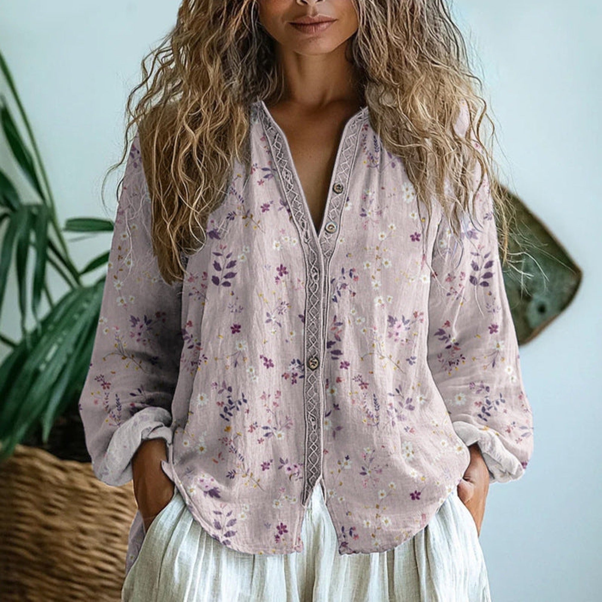 Sofia | Elegant Vintage Leaf Print Shirt - Pink
