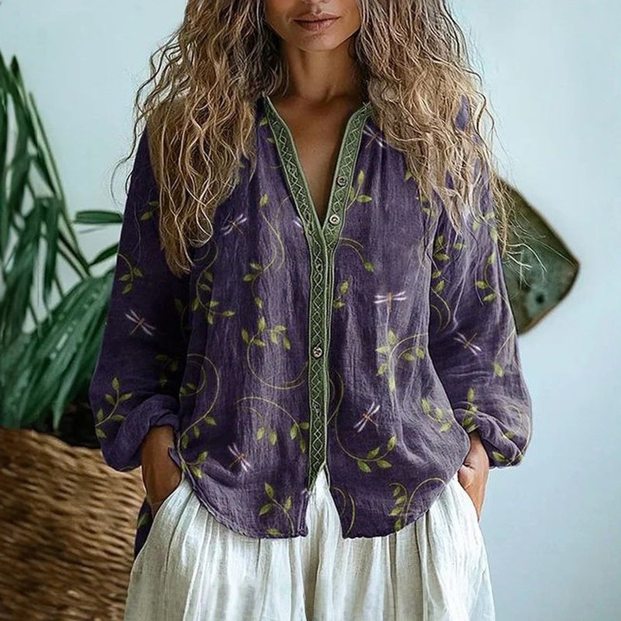 Sofia | Elegant Vintage Leaf Print Shirt - Purple