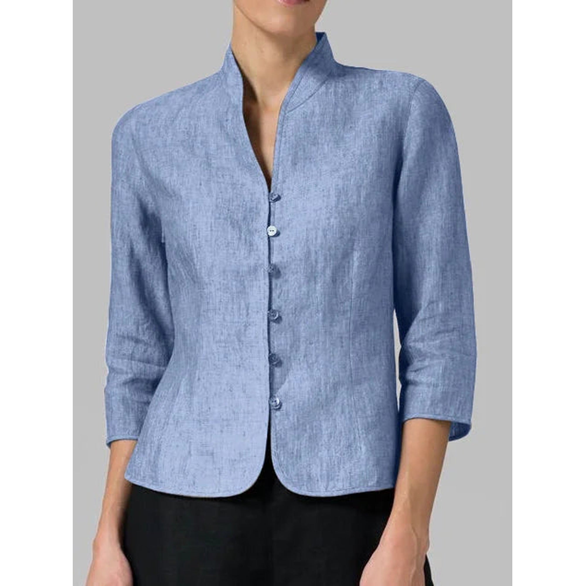 Sofia | Button-Front 3/4 Sleeve Jacket for Women - Mandarin Collar - Blue