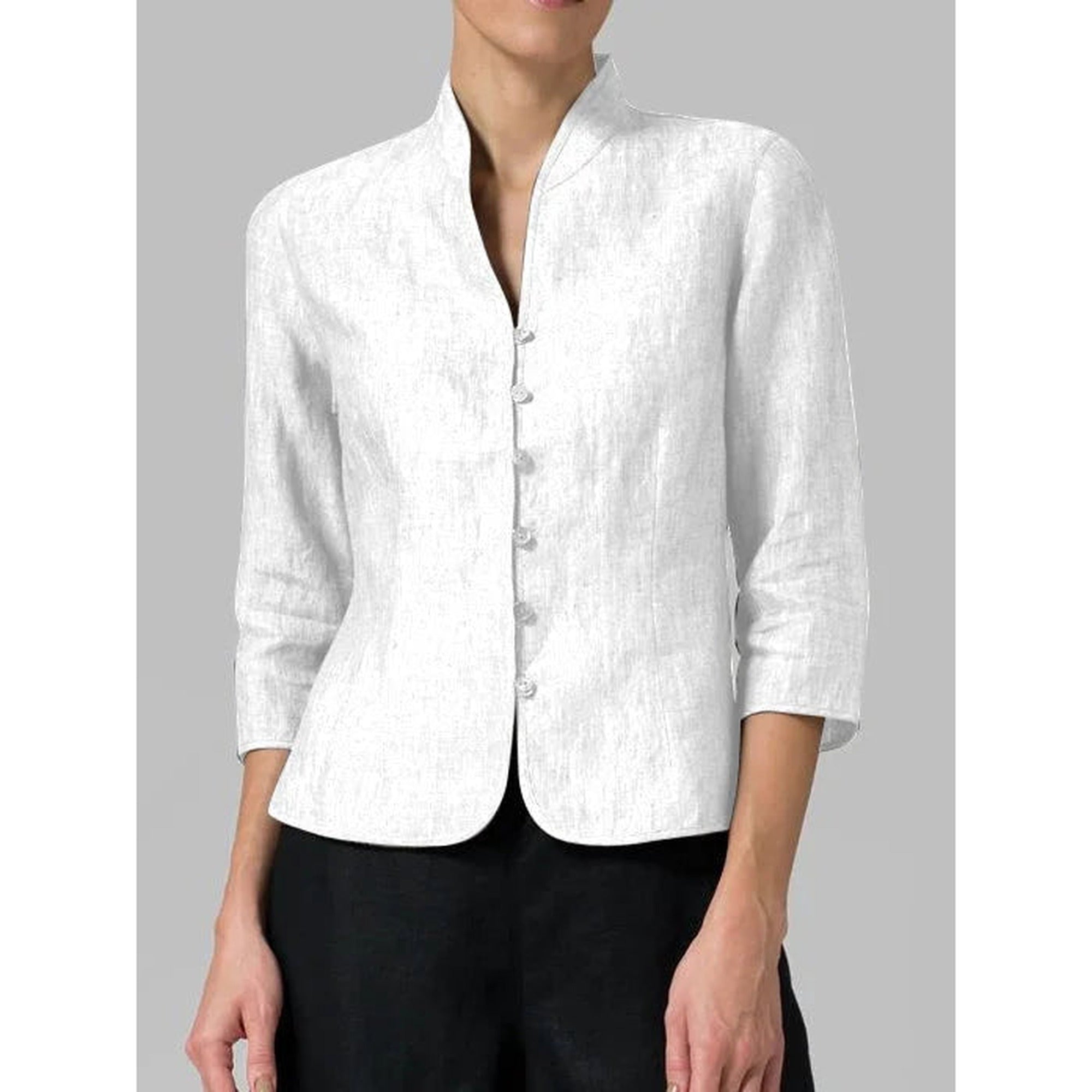Sofia | Button-Front 3/4 Sleeve Jacket for Women - Mandarin Collar - White