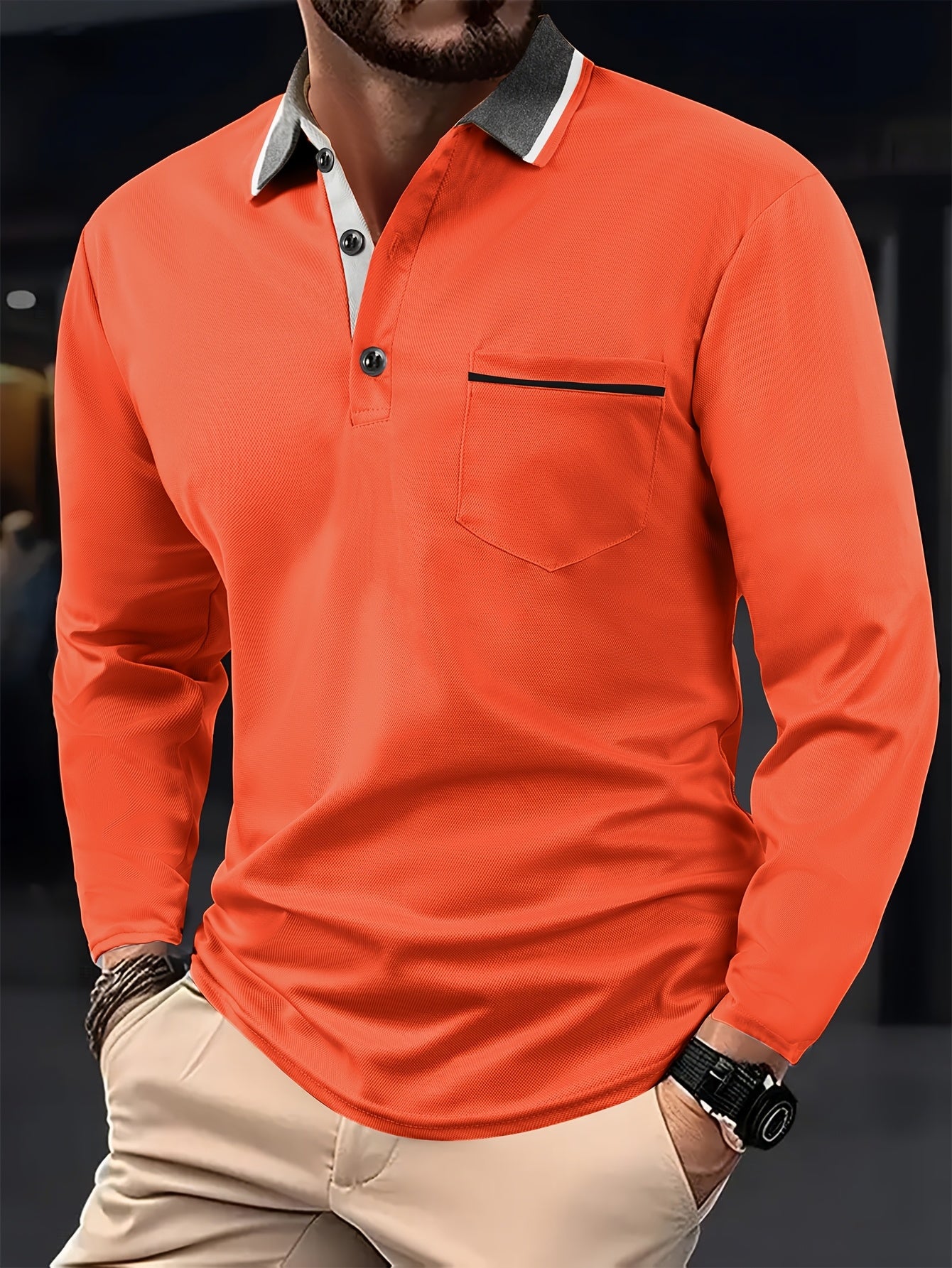 Men's Fashionable Contrast-color Lapel Design Versatile Casual Long-sleeve Shirt, Suitable for Daily Outings and Sports Wear in Spring and Autumn