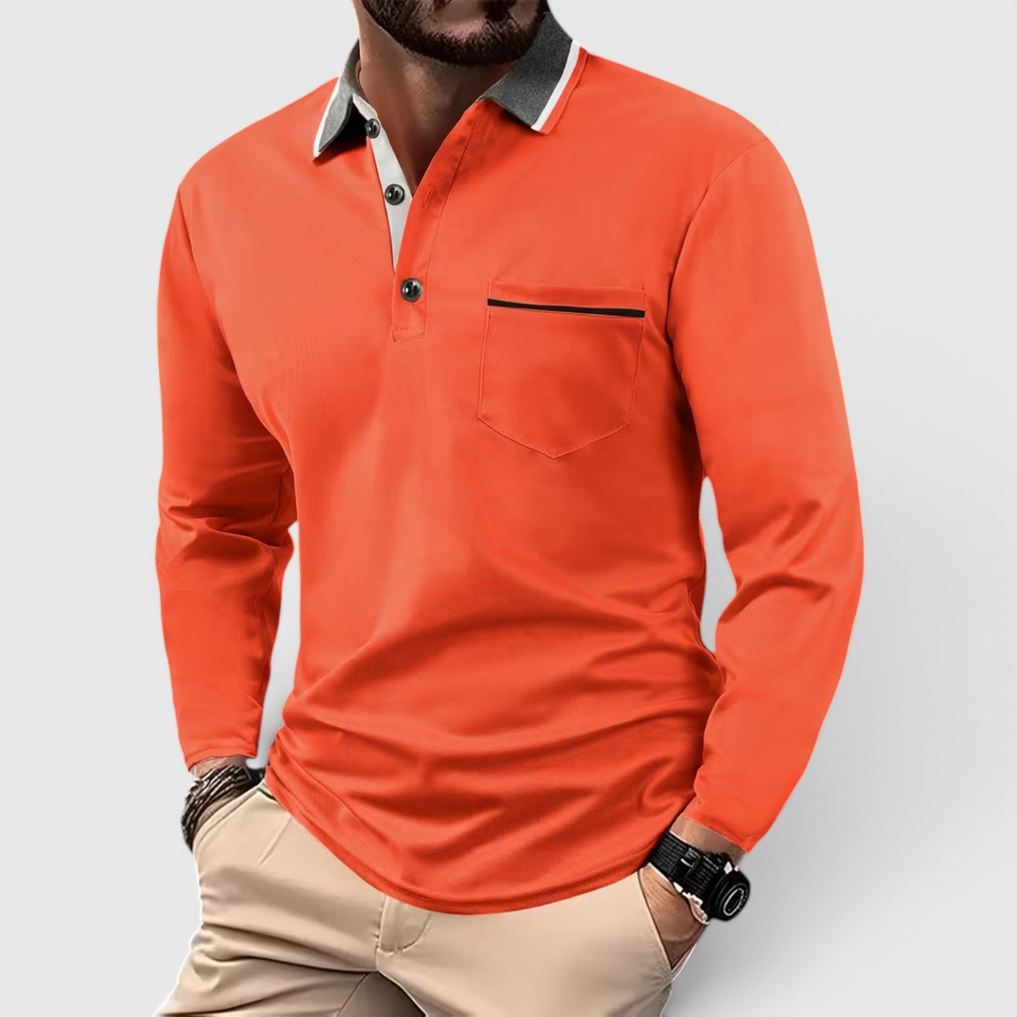 Edmund | Men's Long Sleeve Polo Shirt Contrast Collar Regular Fit Button Up