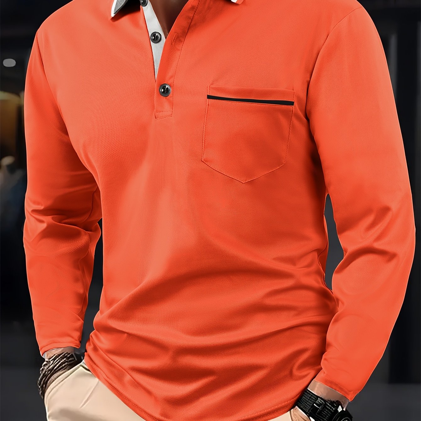 Men's Fashionable Contrast-color Lapel Design Versatile Casual Long-sleeve Shirt, Suitable for Daily Outings and Sports Wear in Spring and Autumn
