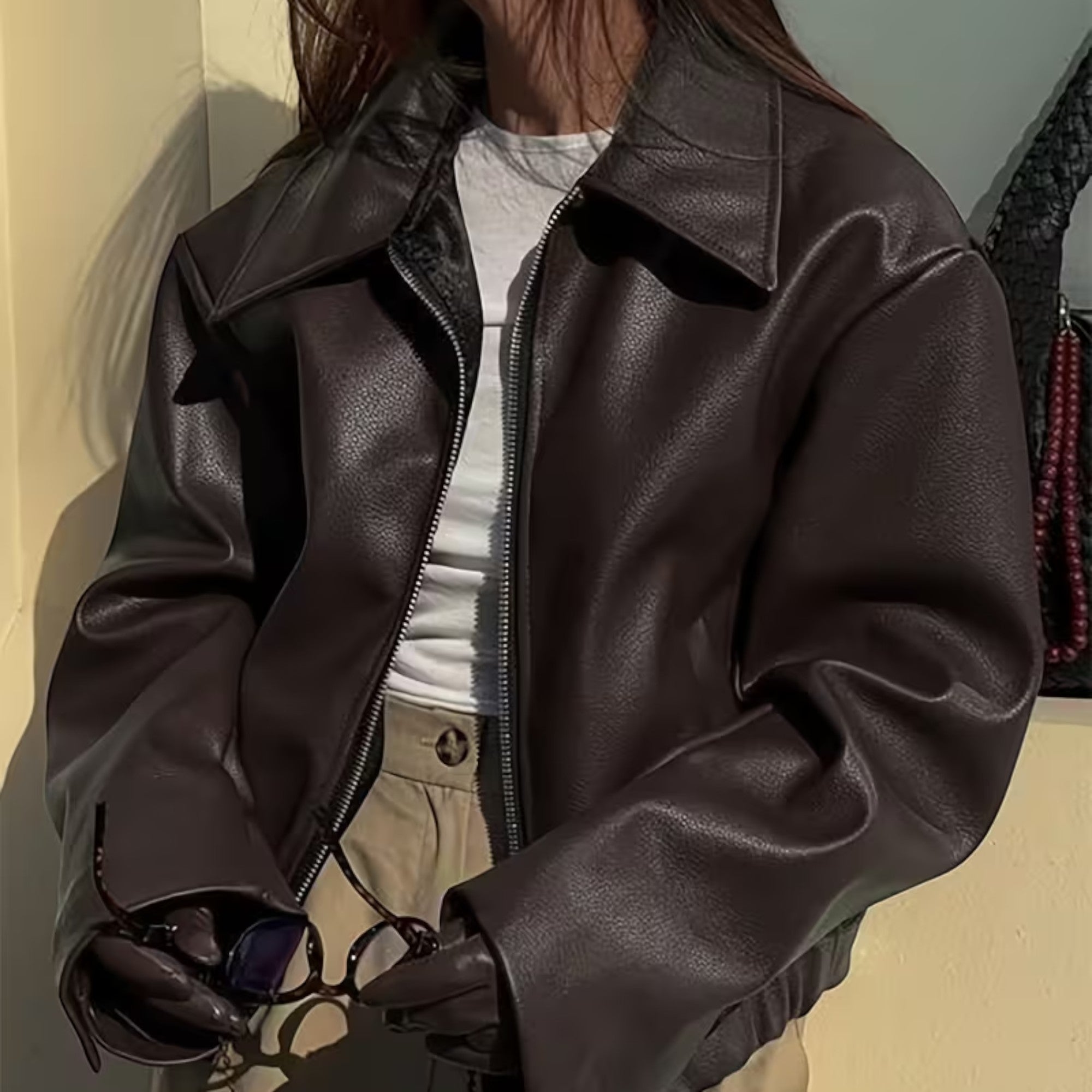 Ellmont London | Leather Jacket Women's Casual Moto Jacket with Lapel Collar