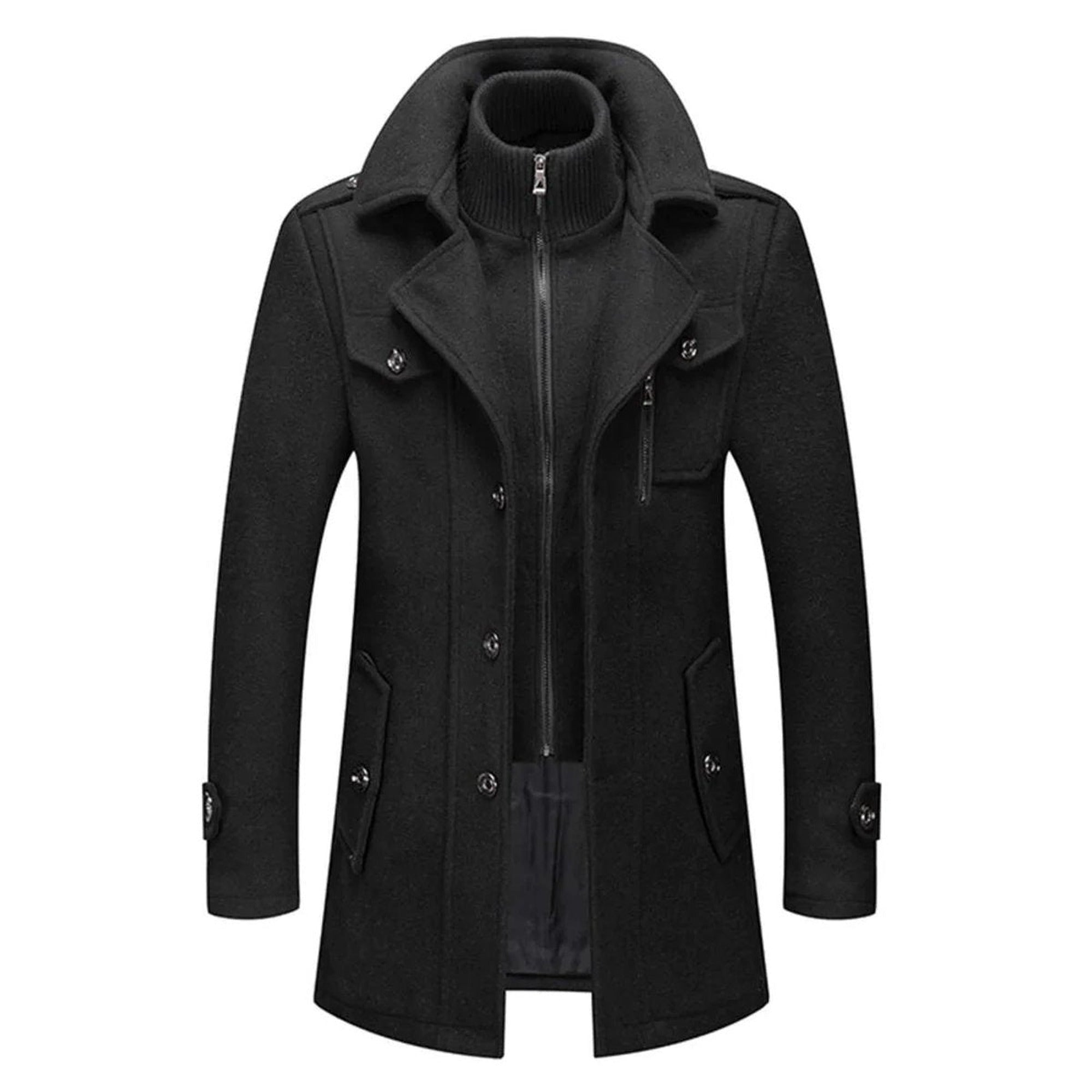 Marcus | Men's Double-Layer Wool Blend Single-Breasted Overcoat - Black