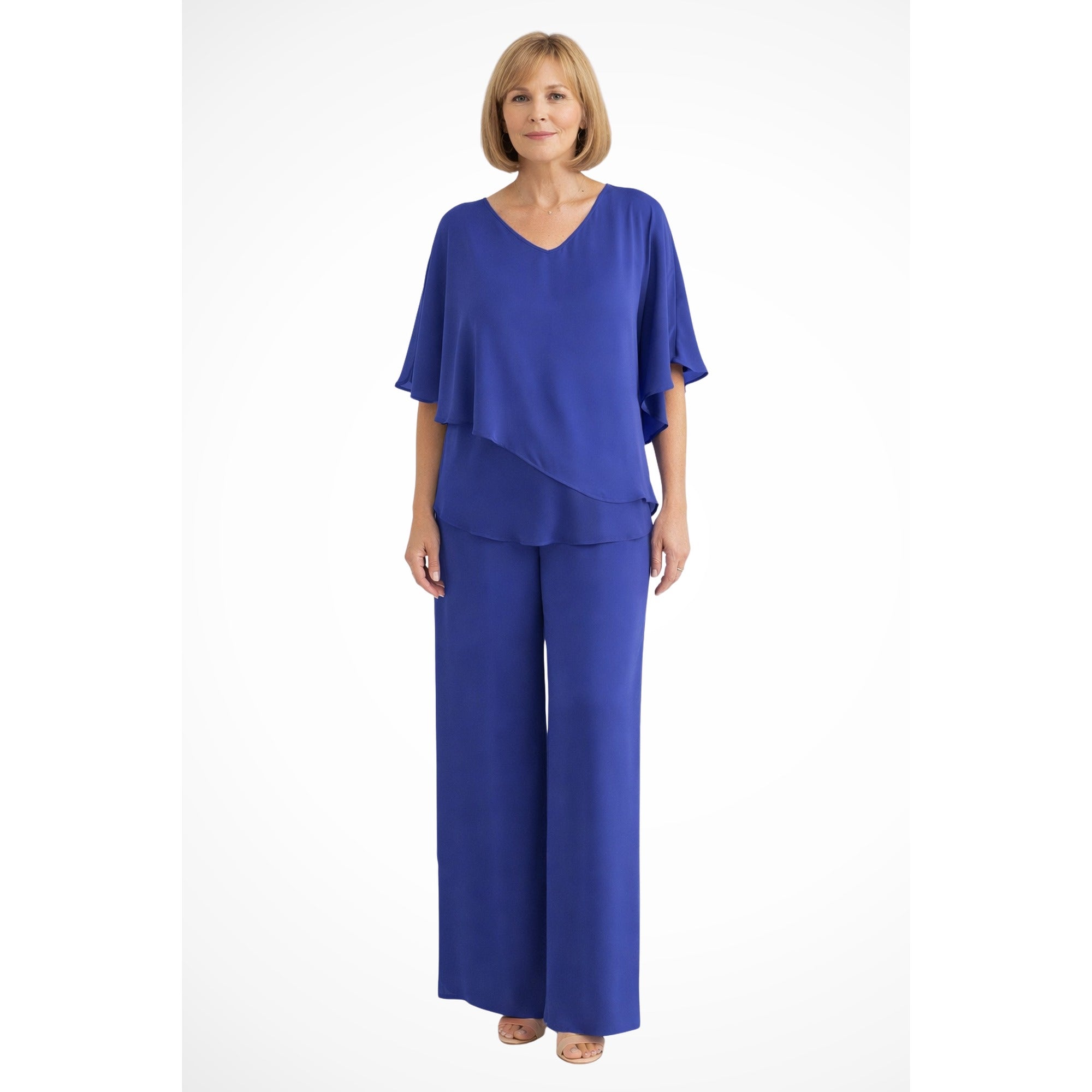 Verity | Cape Overlay V Neck Batwing Top Wide Leg Pant Two Piece Set - Blue