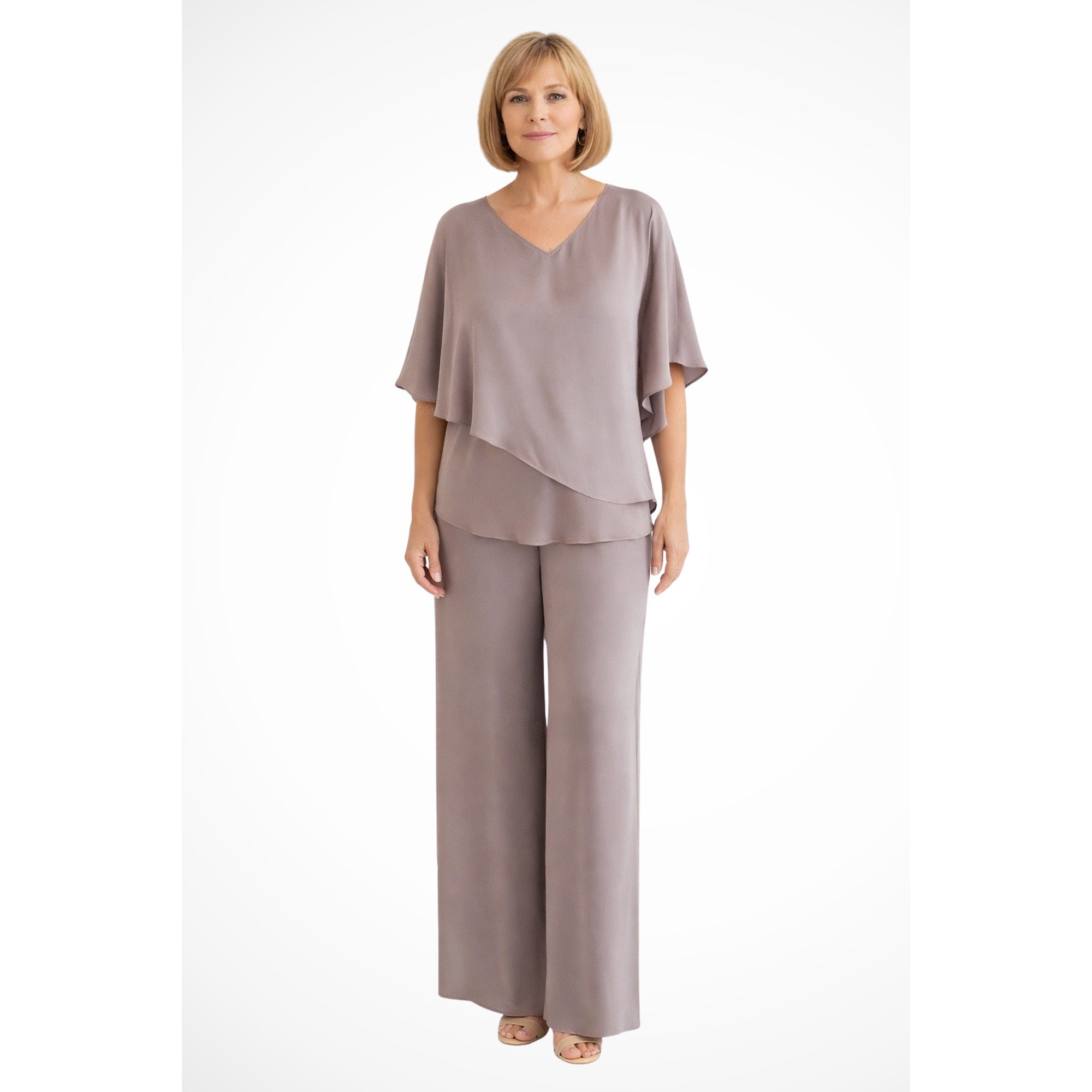 Verity | Cape Overlay V Neck Batwing Top Wide Leg Pant Two Piece Set - Khaki