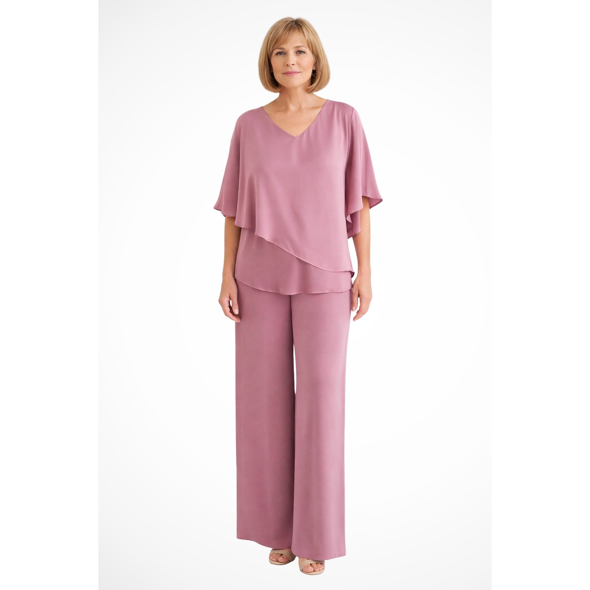 Verity | Cape Overlay V Neck Batwing Top Wide Leg Pant Two Piece Set - Pink