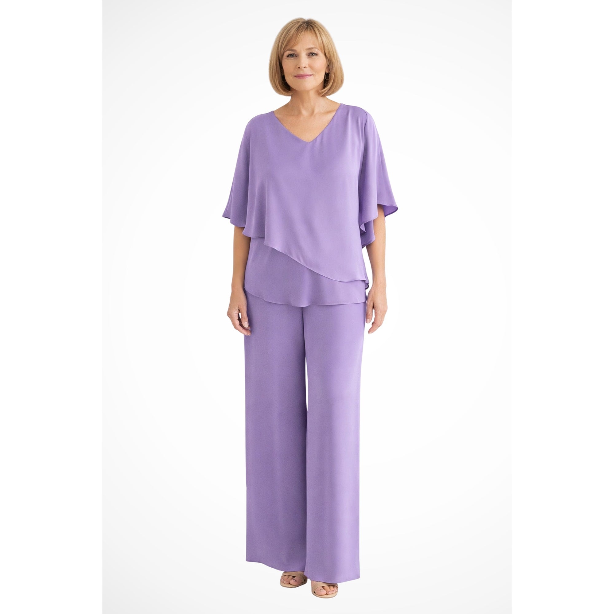 Verity | Cape Overlay V Neck Batwing Top Wide Leg Pant Two Piece Set - Purple