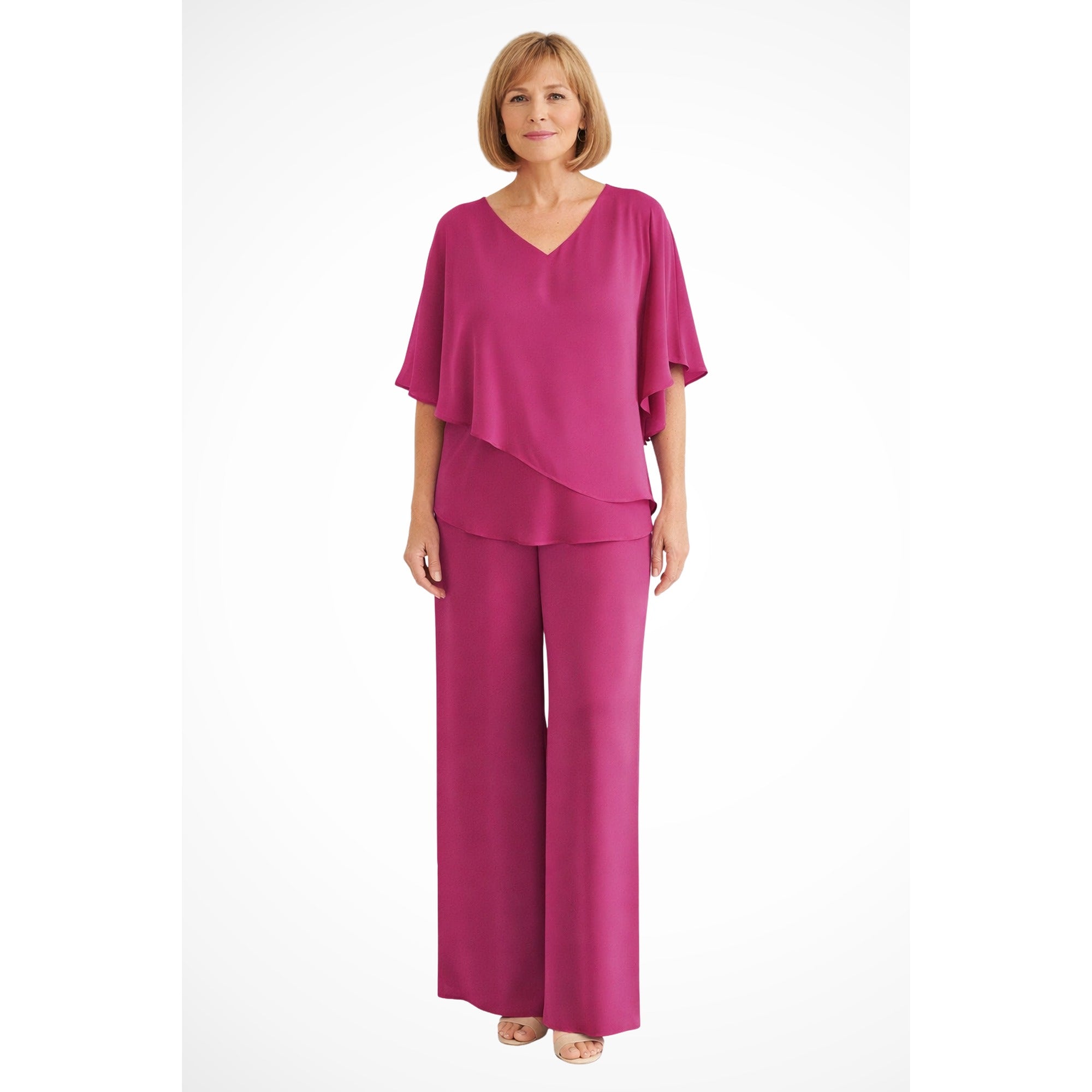 Verity | Cape Overlay V Neck Batwing Top Wide Leg Pant Two Piece Set - Red Rose