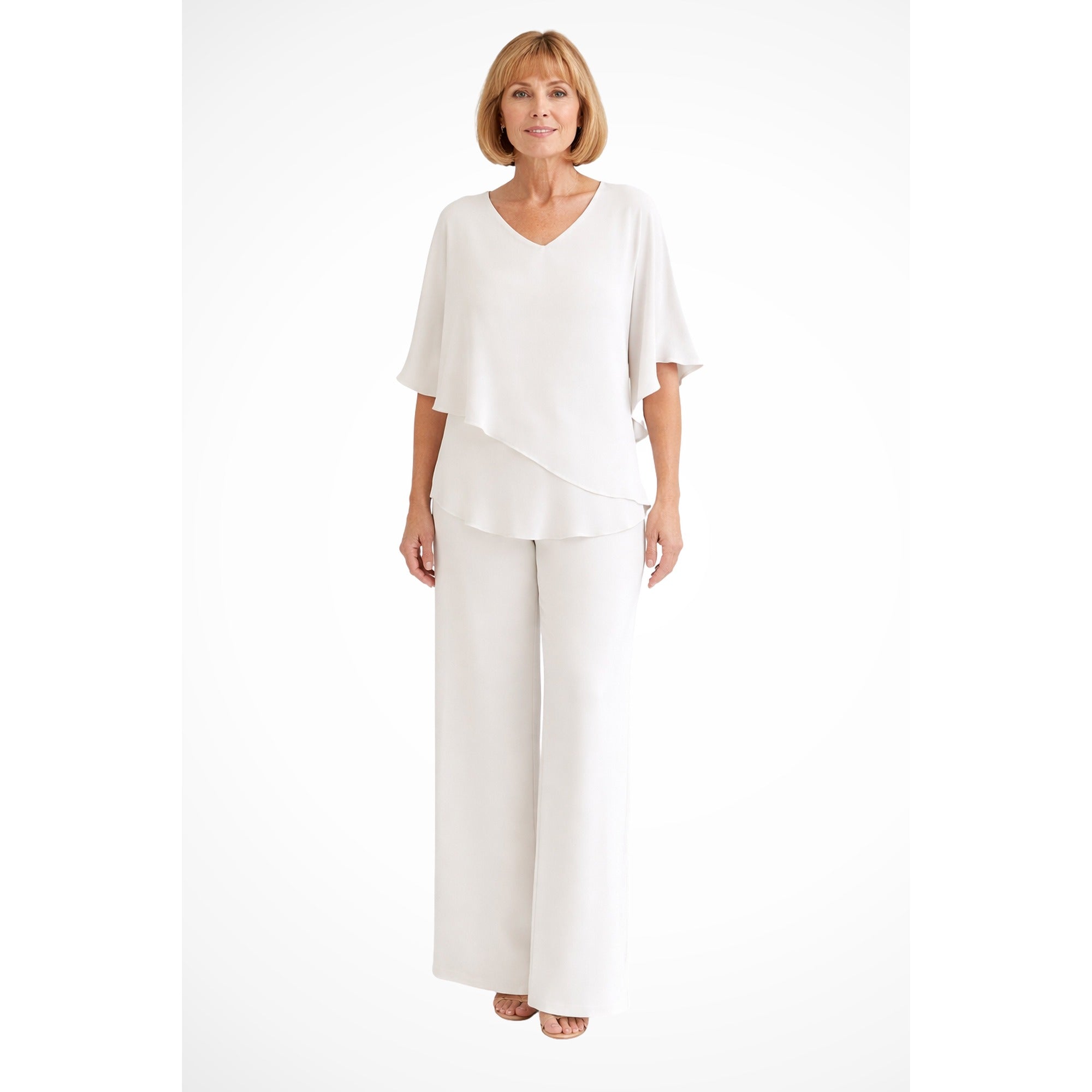 Verity | Cape Overlay V Neck Batwing Top Wide Leg Pant Two Piece Set - White
