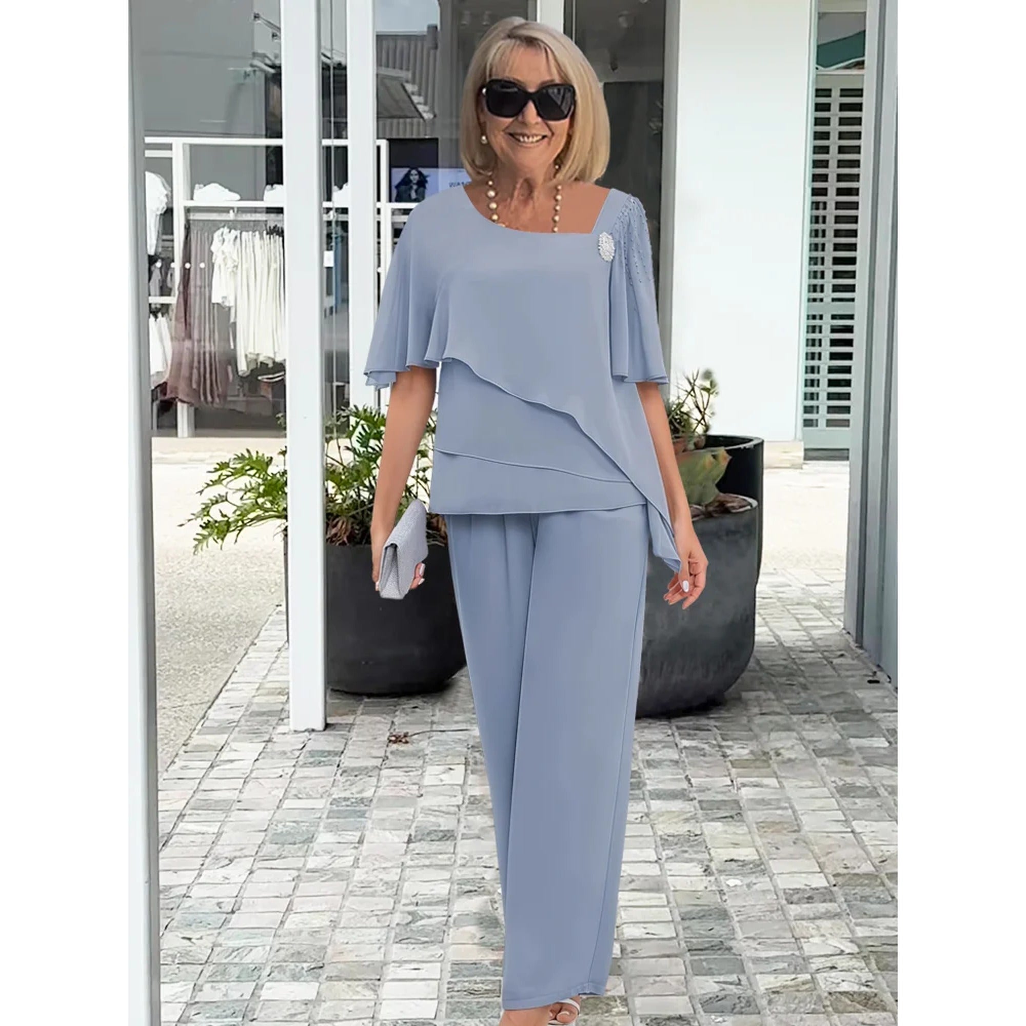 Sofia | Elegant Wide Sleeve and Trouser Set - Light Blue