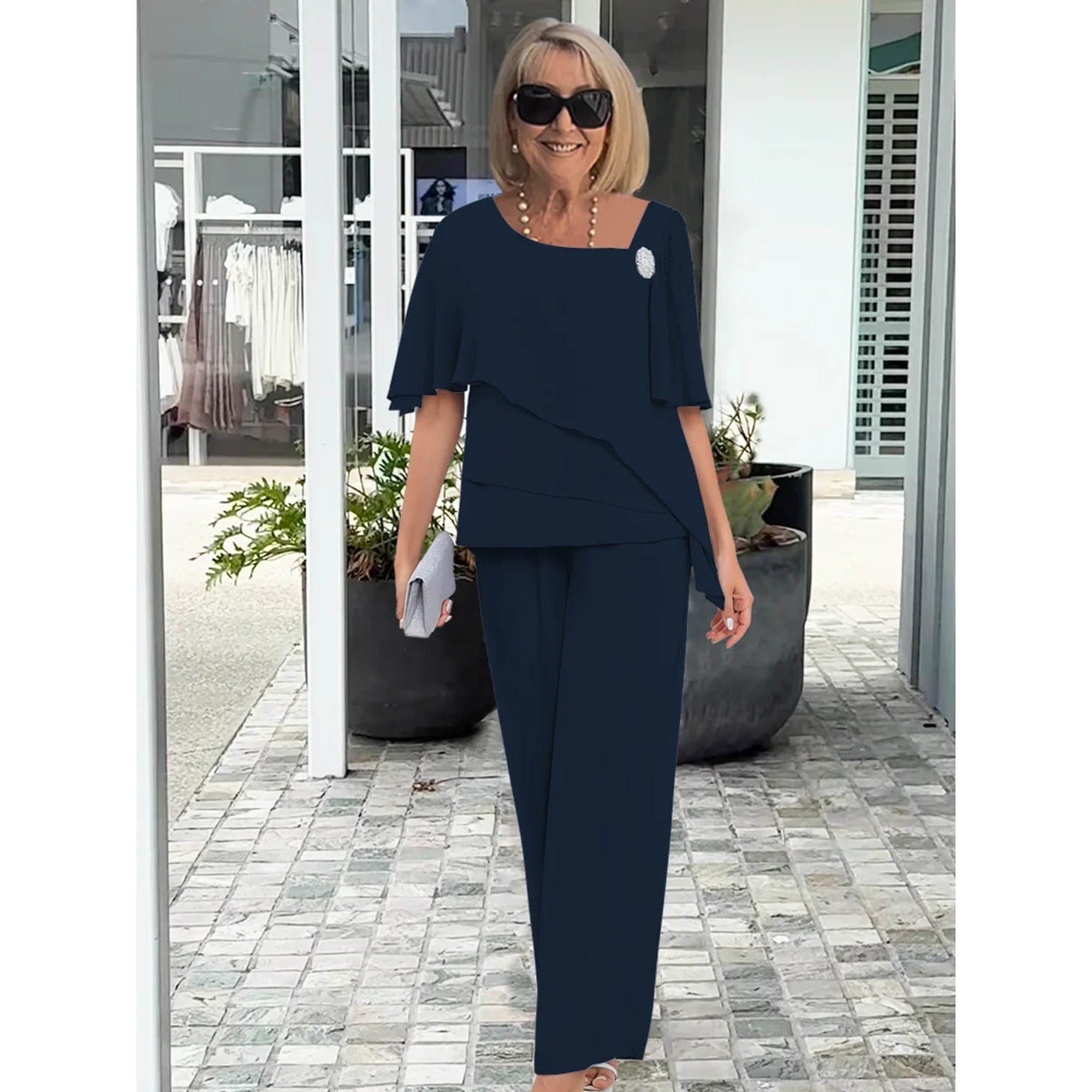 Sofia | Elegant Wide Sleeve and Trouser Set - Navy Blue