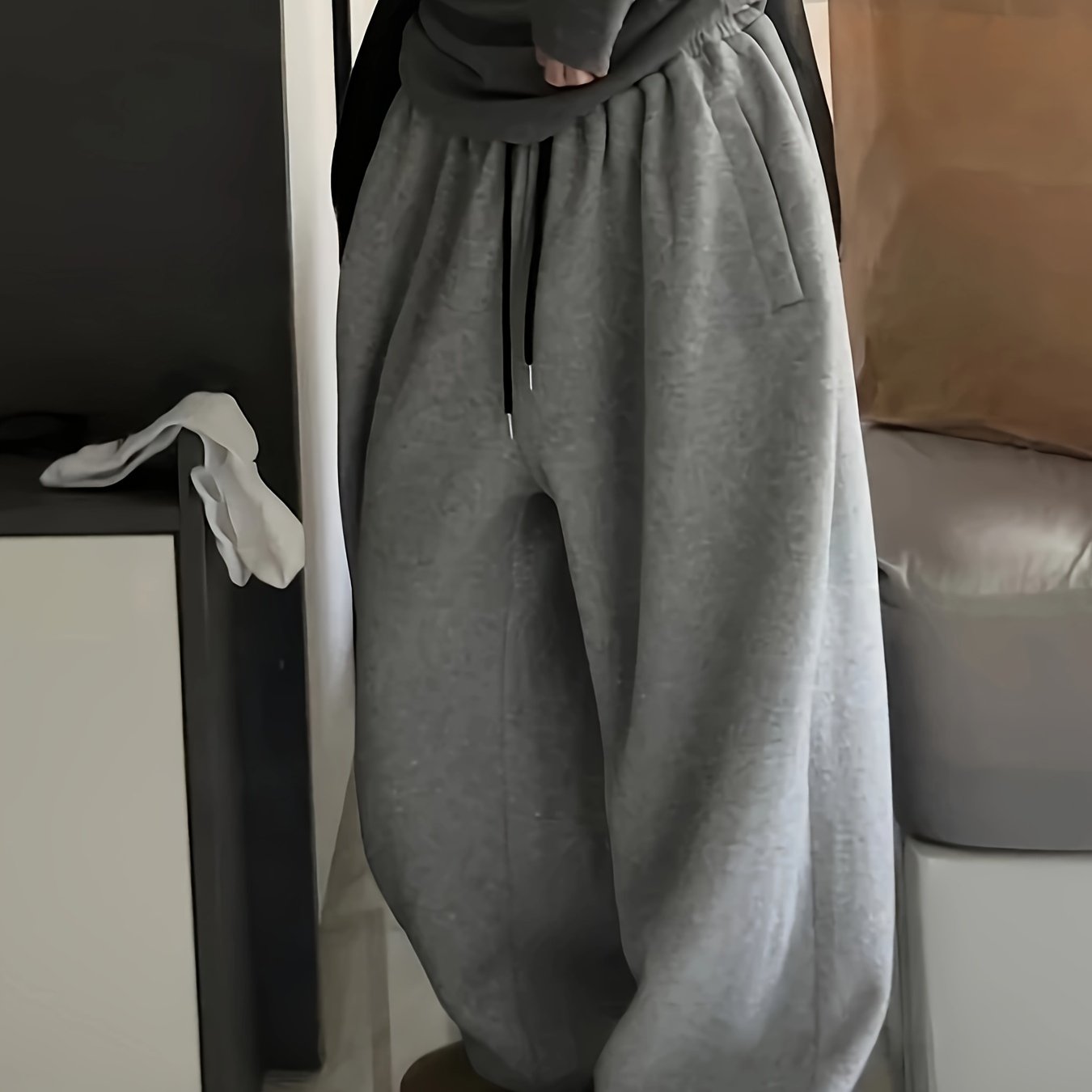Y2K Casual Gray Black Rope Lace-Up High-Waist Elastic Waistband Pants Women'S Clothing