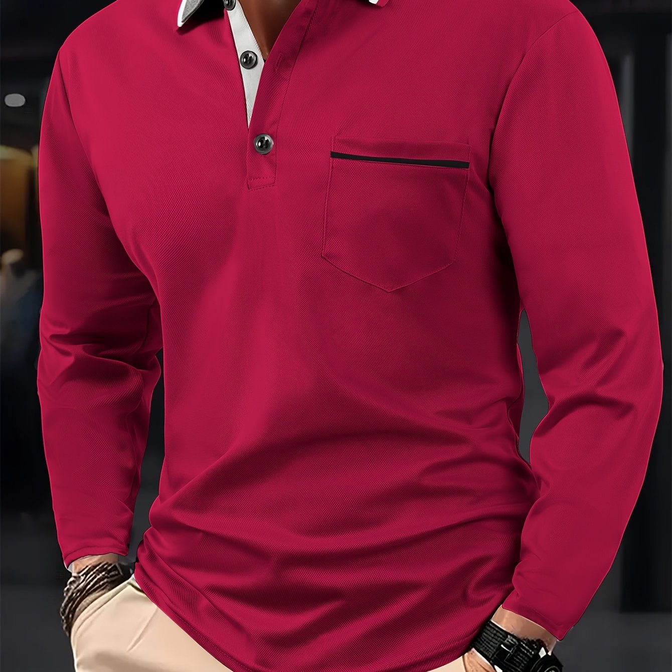 Men's Fashionable Contrast-color Lapel Design Versatile Casual Long-sleeve Shirt, Suitable for Daily Outings and Sports Wear in Spring and Autumn