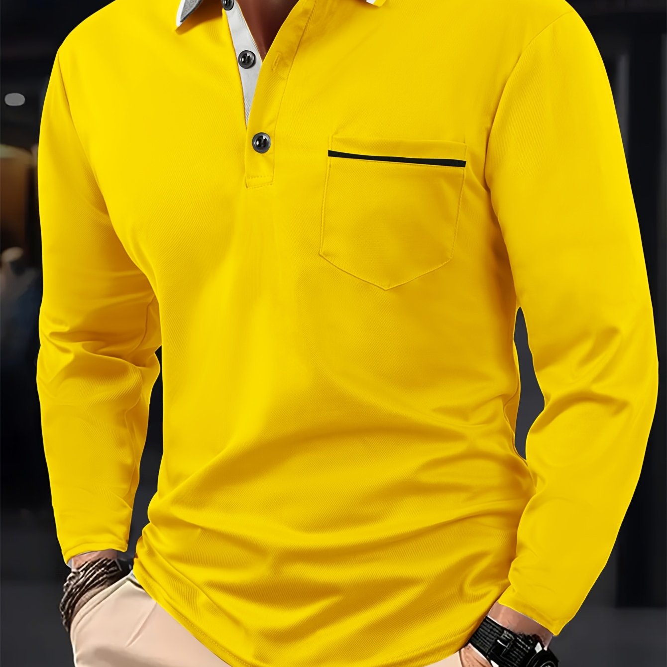 Men's Fashionable Contrast-color Lapel Design Versatile Casual Long-sleeve Shirt, Suitable for Daily Outings and Sports Wear in Spring and Autumn